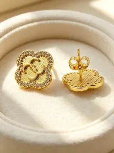 1 Pair 18K Gold Plated Four-leaf Stud Earrings for Women, Copper Base with Cubic Zirconia, Double C Logo Earrings, Hypoallergenic Jewelry for Daily Wear & Gifts, Earrings Studs