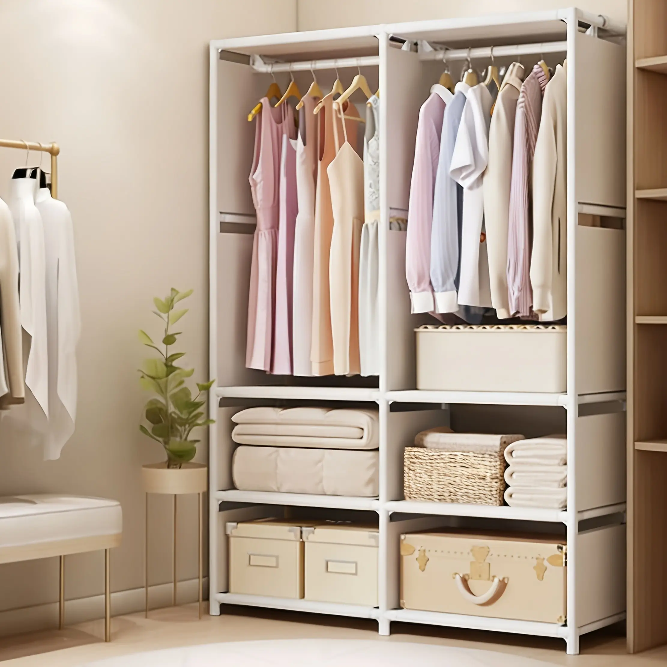 Multi-Tier Open Closet Cabinet with Hanger Space, Portable Fabric Wardrobe for Apartment, Dorm, Easy Assembly