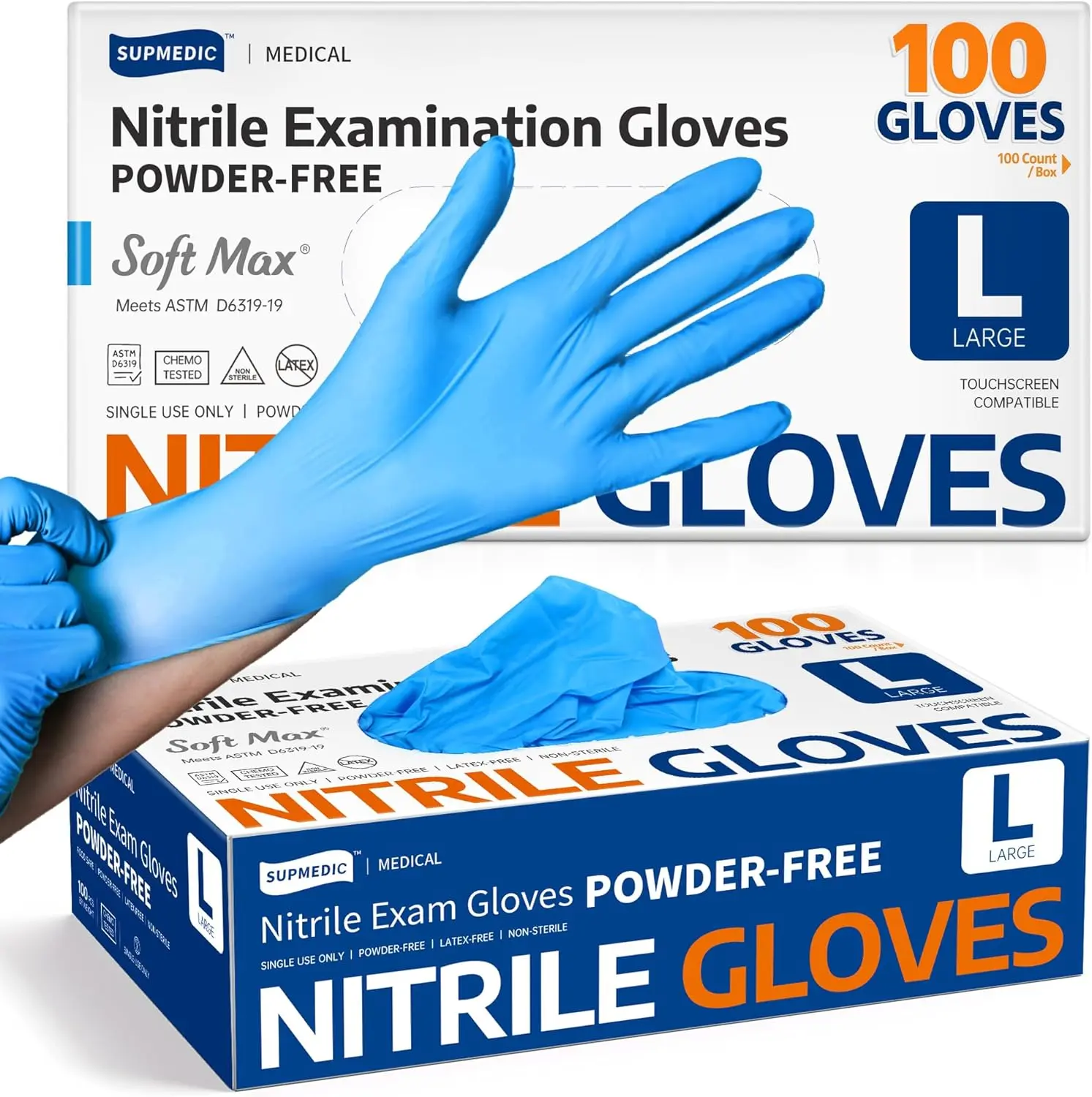 Supmedic Medical Soft Max™ Nitrile Exam Gloves, 100-Count Pack, Latex-Free, Powder-Free, Non-Sterile, Food-Safe, Disposable Blue Home Care Cleaning Gloves