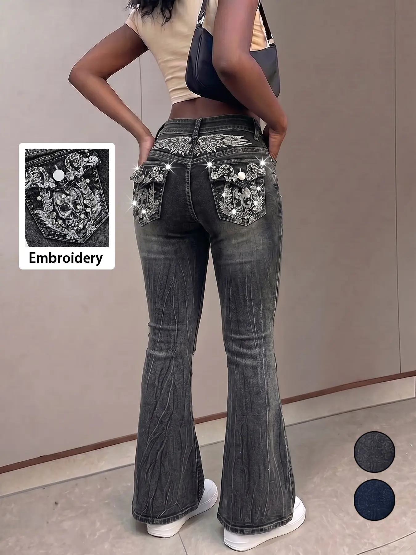 Women's Y2K Fashion Wing Skull Embroidery Rhinestone Slim Fit Stretch Bell Bottom Flare Leg Jeans, Denim Rhinestone Pants, Trendy and Stylish Denim Bling Jeans for Women