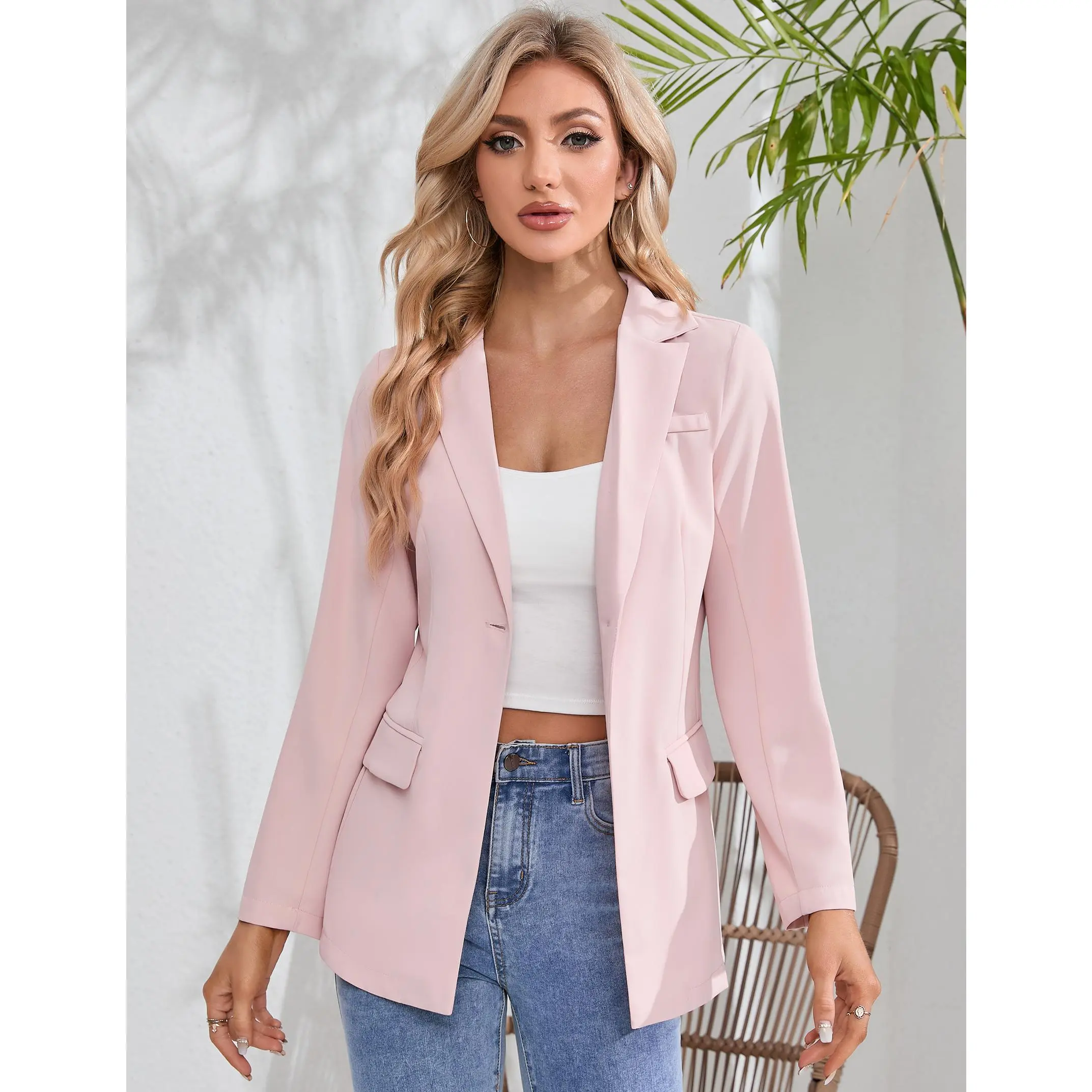YF Women's Single Button Lapel Collar Blazer Jacket, Long Sleeve Slim Fit Casual Office Workwear Suit Coat, Versatile Spring Fall Business Daily Outwear for Women, Beige Pink Multi Sizes Womenswear