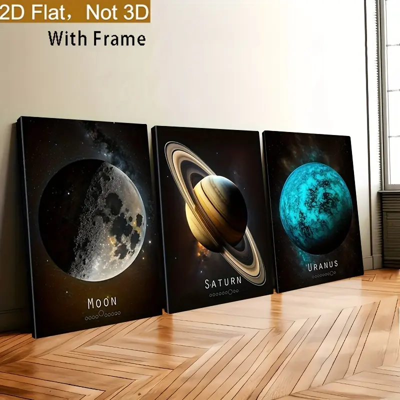 1pc 3-piece set of 2D/flat canvas paintings, creative posters of planets, moon, and solar system, suitable for bedroom, living room, bathroom, bedroom decoration, interior wall art decoration, room decoration, perfect room decoration