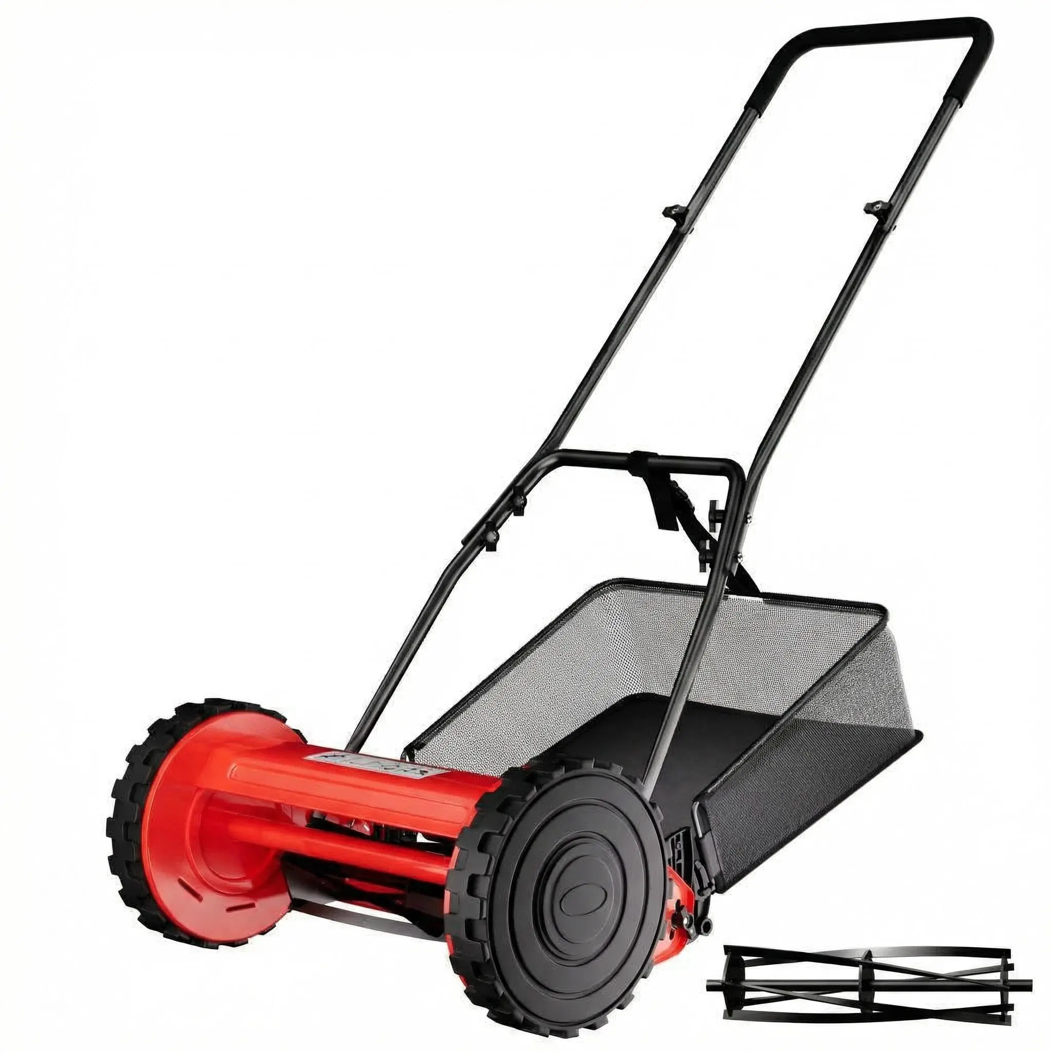 Garvee Upgraded Push Reel Lawn Mower 14-Inch 5-Blade, Cordless Manual Reel Lawn Mower with Grass Catcher Bag, 4-Position Cutting Height Adjustment