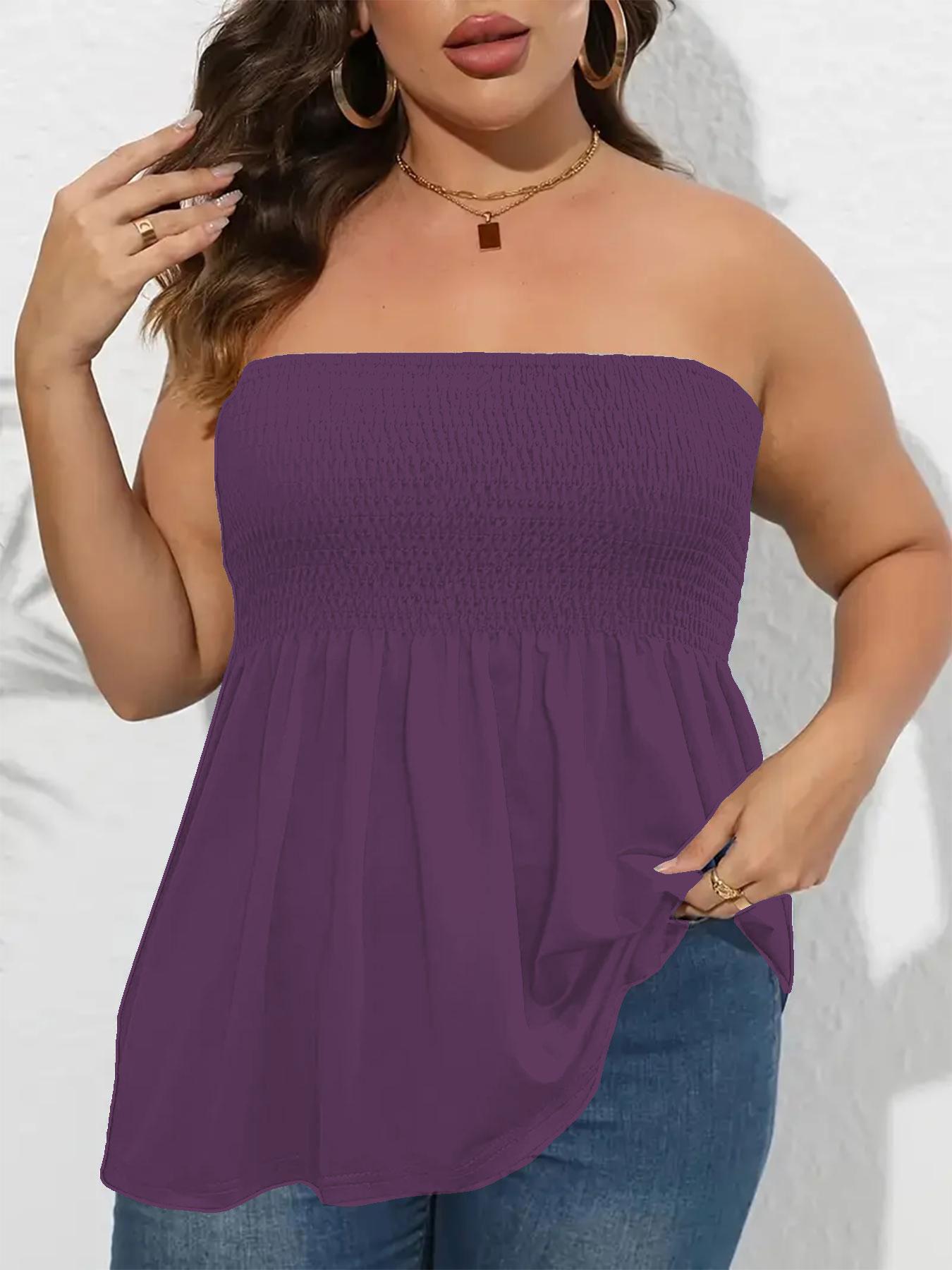 Plus Size Solid Ruffle Hem Shirred Tube Top, Boho Fashion Chic Style Tops, Lady Strapless Top, Womenswear, Casual Sleeveless Strapless Black Top Plus Size Solid Ruffle Hem Shirred Tube Top, Boho Fashion Chic Style Tops, Lady Strapless Top, Womenswear, Casual Sleeveless Strapless Black Top