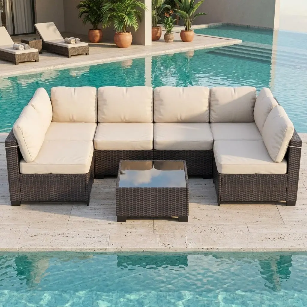 GARVEE 7-Piece PE Rattan Wicker Patio Furniture Set, Cushioned Seats Solid Weave Sectional Sofa with Glass Top Coffee Table, Outdoor Conversation Set for Garden, Backyard
