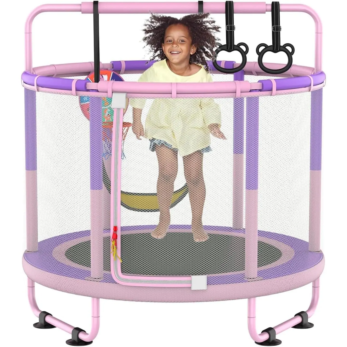 60" Trampoline for Kids, 5ft Toddler Mini 6-in-1 Trampoline Indoor Outdoor with Swing, Basketball Hoop, Dart Board, Rings, Christmas Toys Birthday Gifts for Girls Boys