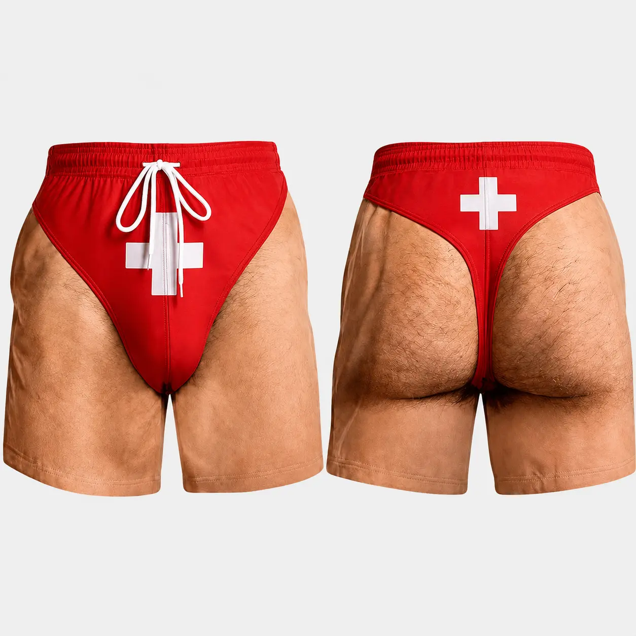 Men's Novelty Lifeguard Swim Trunks - Red Mesh-Lined Beach Shorts, Funny Ugly Summer Hawaiian Style Vacation Gifts for Him, Men's Micro Swimsuit Beach Shorts, Micro Swimsuit Men's Beach Shorts