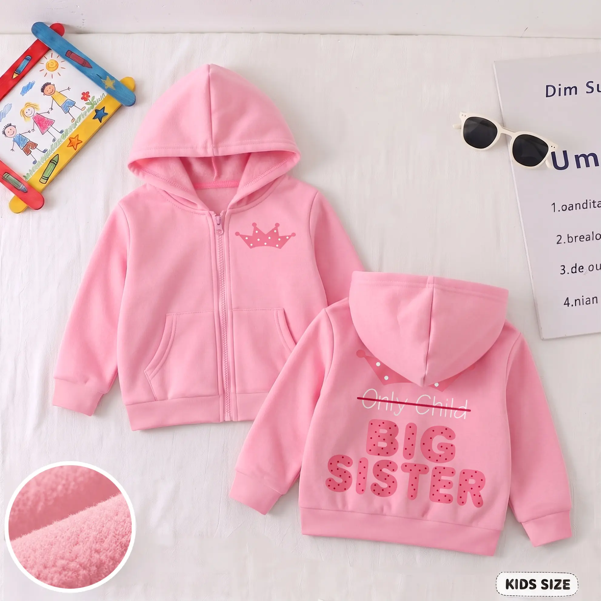 Girls' Cute Crown Graphic Full-Length Front-Zippers Hoodie - Regular Fit, Big Sister Print, Soft Warm Casual Sporty Daily Wear Kids' Fall Winter Outerwear Coat