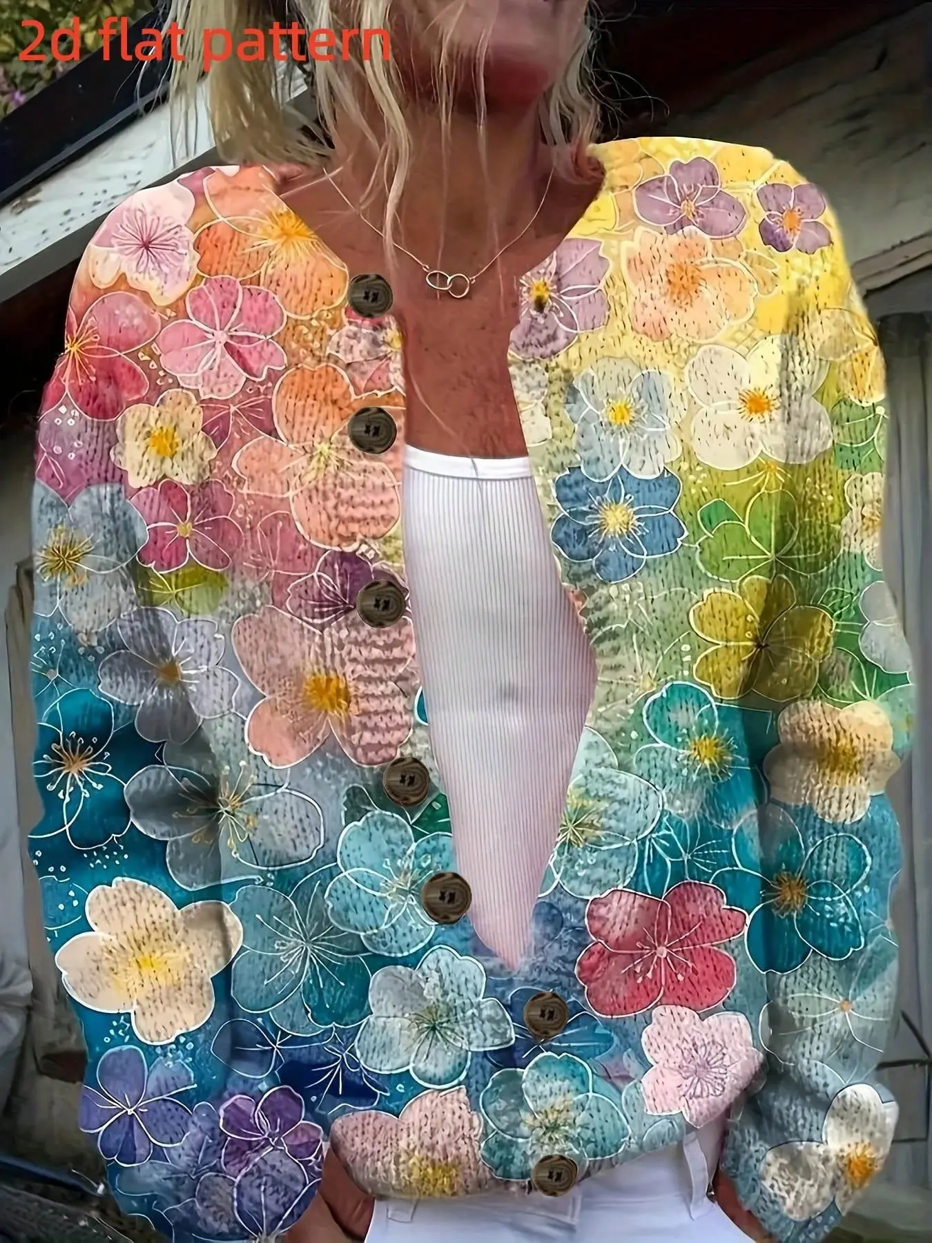 Women's Long Sleeve Knitwear, Sweater, Elegant Loose-Fit All over Print Top, Spring & Fall Fashion Open Front Cardigan, Trendy Digital Print Outerwear