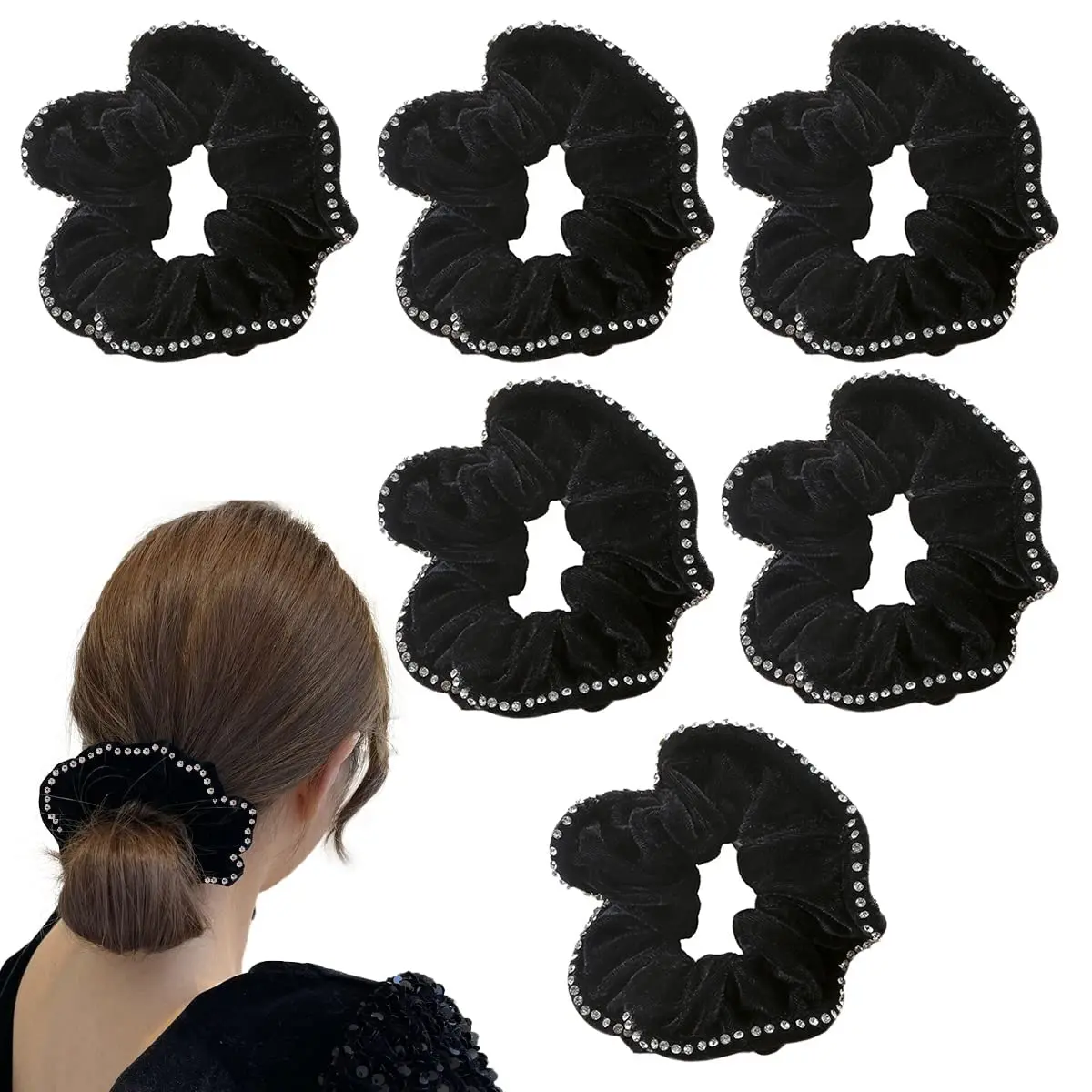 Female 6-Piece Black Velvet Sparkly Diamante Hair Scrunchies for Hair Care, Casual Everyday Glamorous Styling