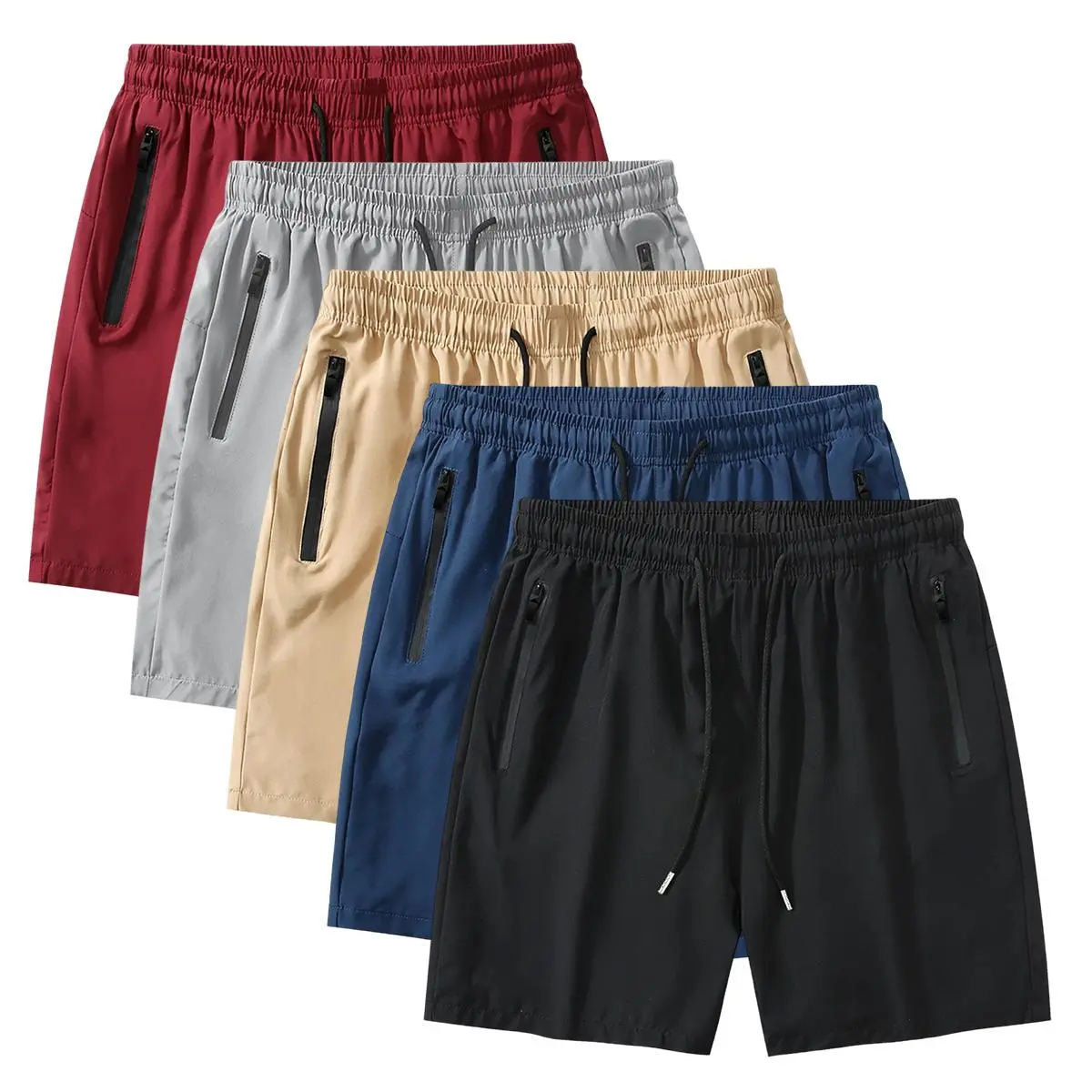 Men's Beige Casual Shorts, Plain Fitted Above the Knee Cut in Breathable Fabric with Elastic Waist and Zip Pockets, Elastic Waist Feels Secure All Day