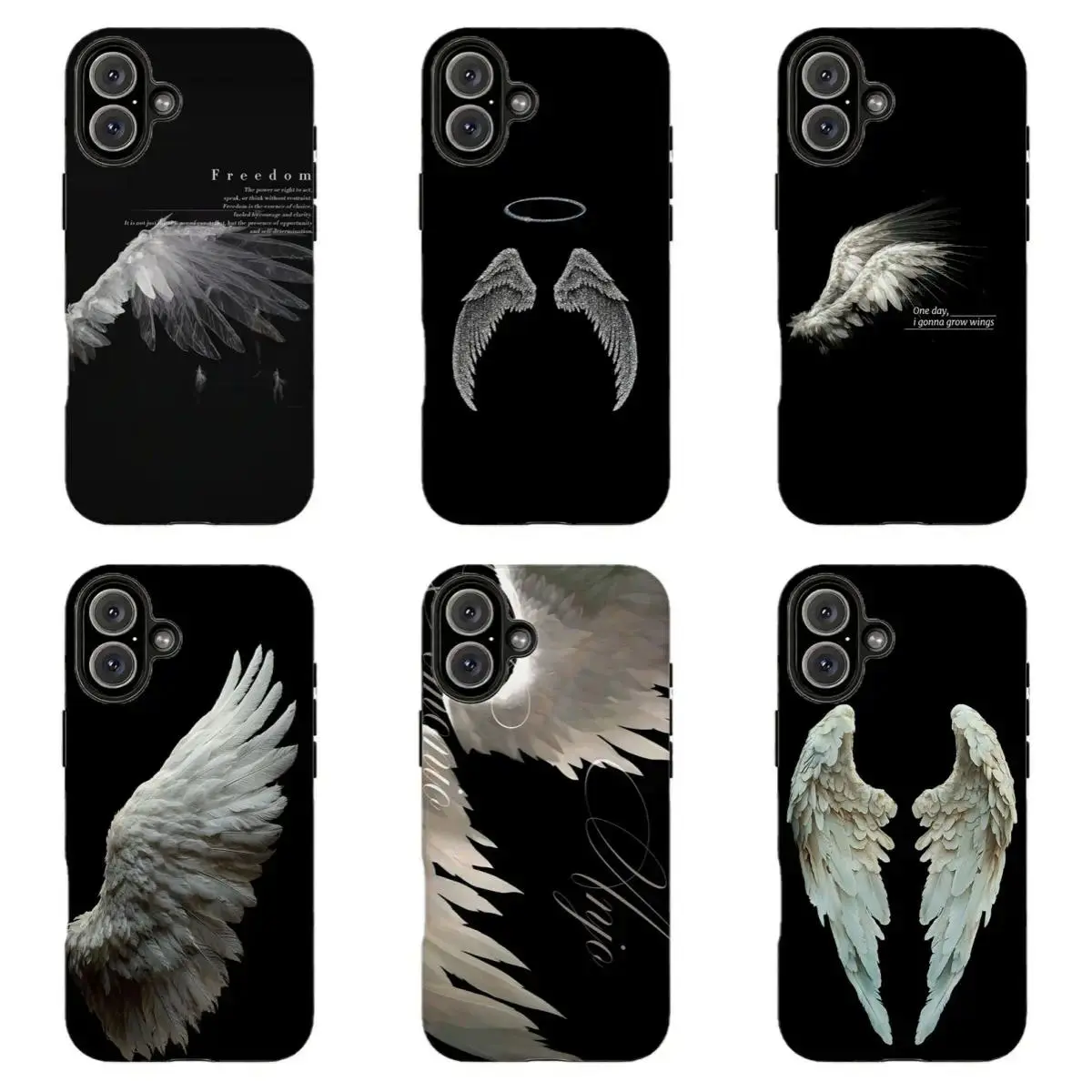 Custom Black Background Angel Wing Wireless Plastic Shockproof Resistance Casing - Dark Minimalist Aesthetic Cellphone Accessory, For iPhone 11-17 Pro Max & Samsung S22-S26, Handheld Gift For Anime Lovers