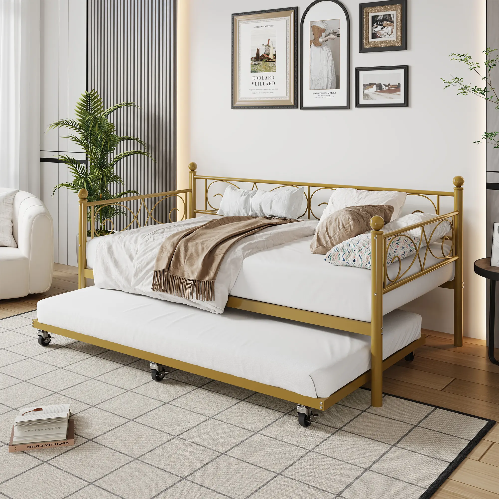 Modern Metal Twin Size Trundle Bed with Pull-Out Trundle, Floral Headboard, Heavy-Duty Steel Slats - Alloy Frame, Space-Saving, No Box Spring Needed - for Modern Bedroom, Small Spaces, Twin Size Bed