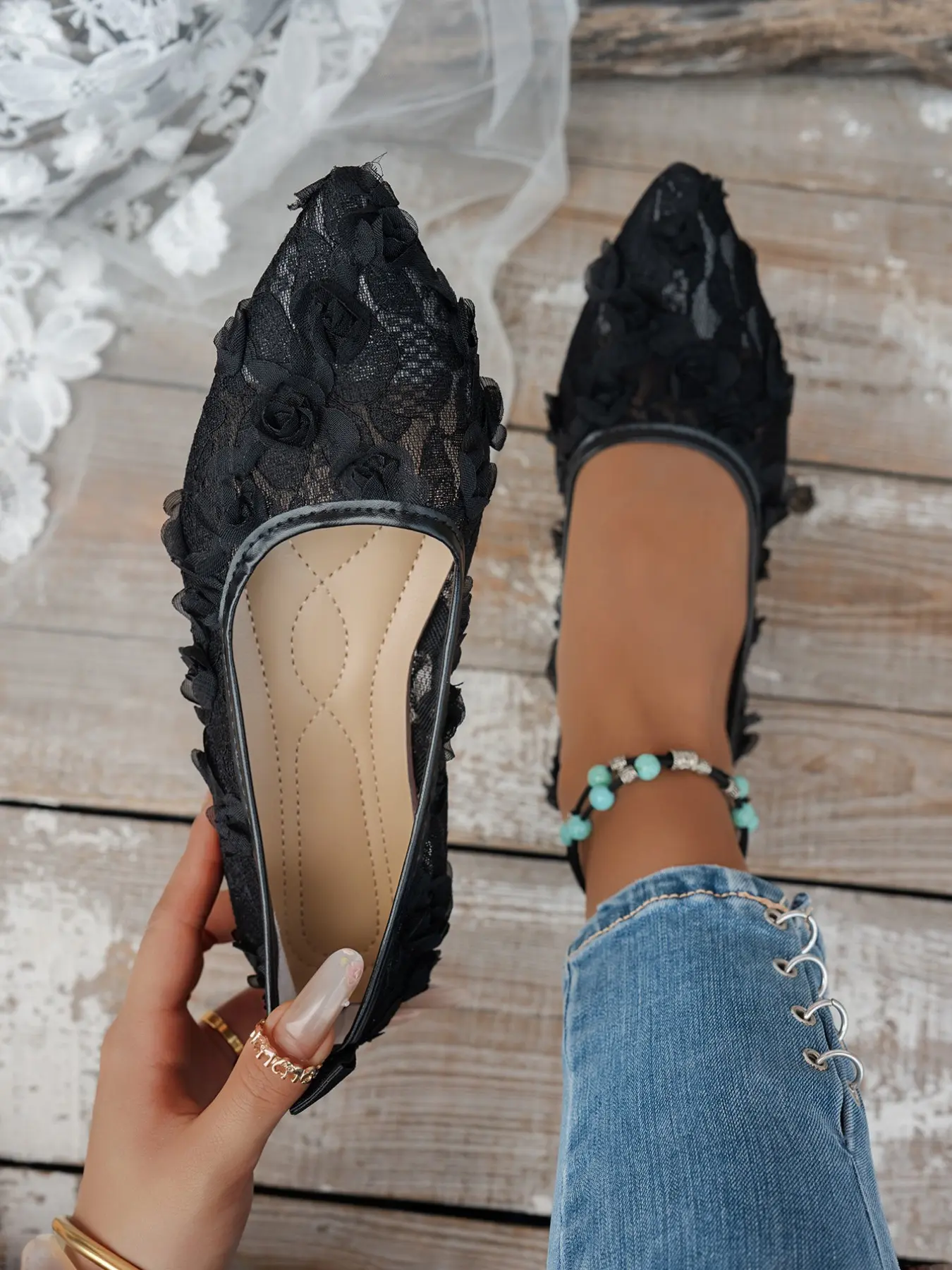 Women Pointed Toe Knit Flat Shoes Footwear, Breathable Stretch Slip On, Casual Daily Walking Ballet Flats, All Seasons, Fabric Upper, Rubber Sole