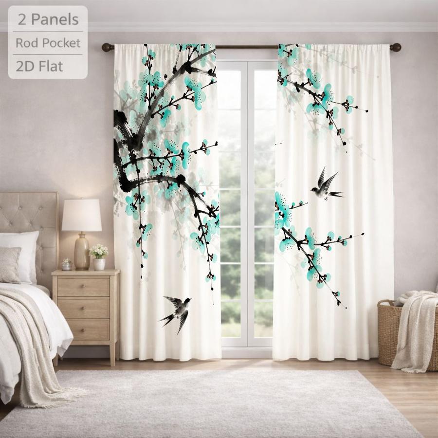 2Pcs Chinese Style Plum Blossom & Bird Pattern Decorative Sun Blocking Curtains Digital Printed Rod Pocket, Window Treatment For Bedroom Office Kitchen Living Room Study Home Decor