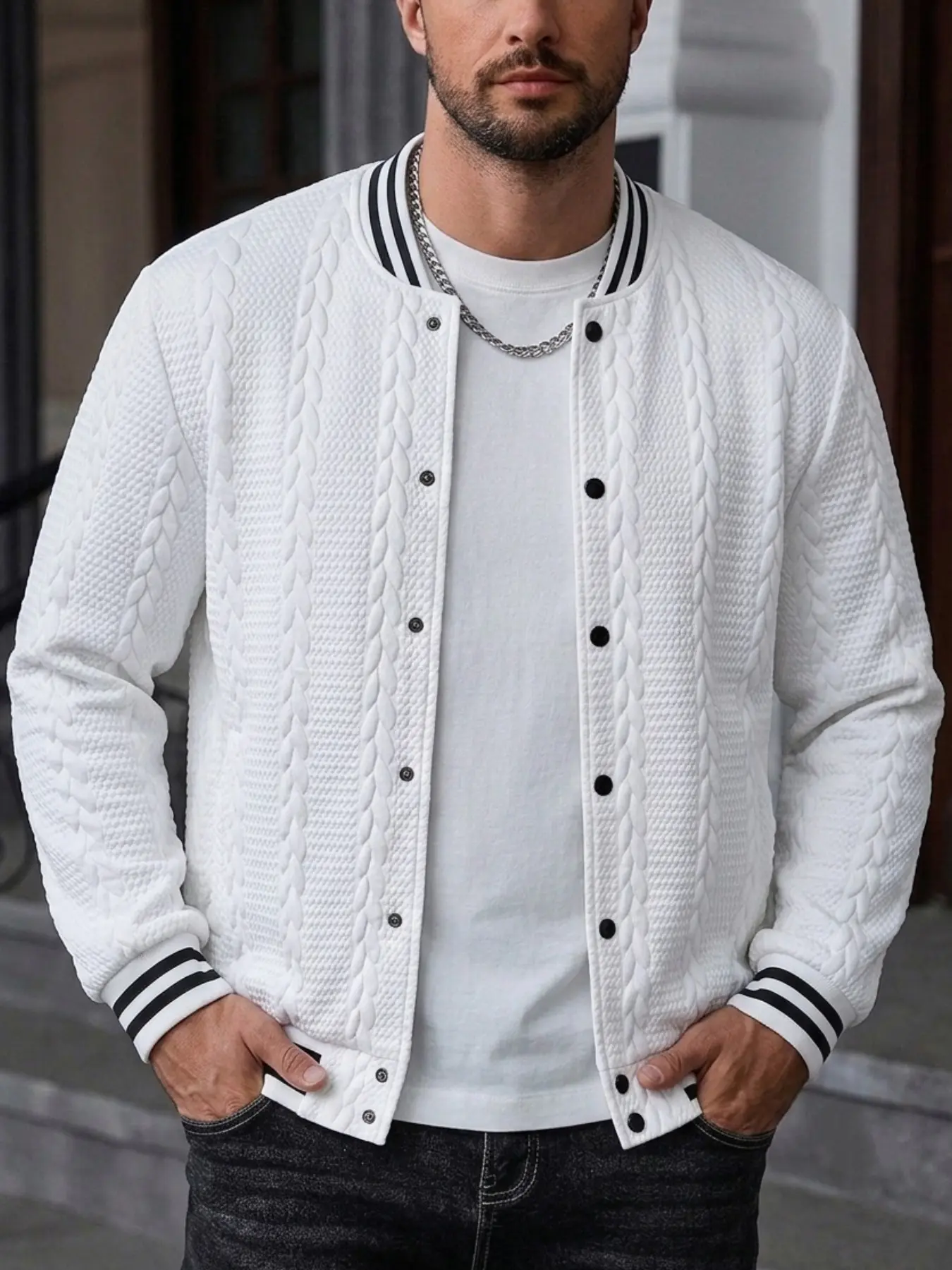 Men's Baseball Jacket for Fall Winter, Fleece Lined Knit Coat, Colorblock Button Front, Sporty Casual American Style Top