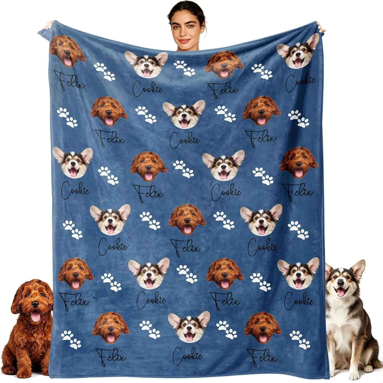 Personalised Polyester Dog Face Blanket - Soft Fabric Indoor-Use Custom Pet Blanket with Paw Prints, Custom Names for Dog Mom Gifts