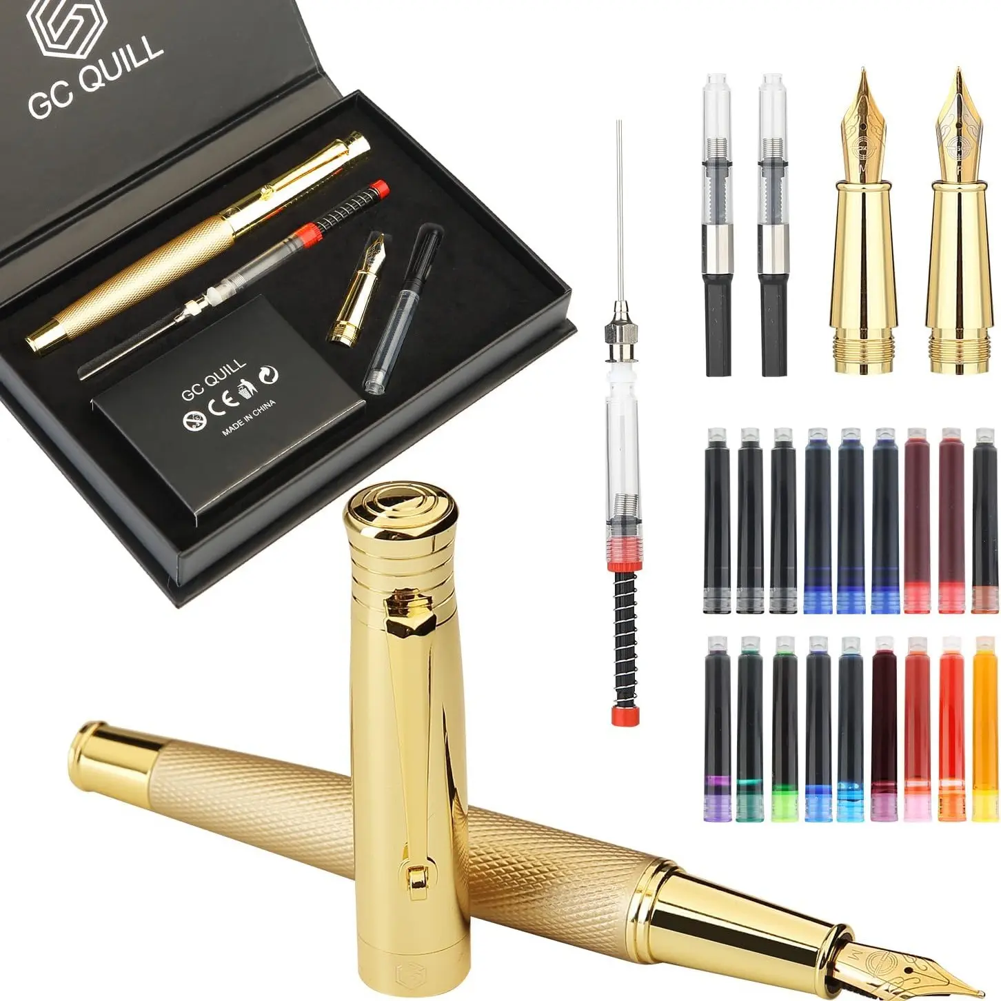 Golden Fountain Pen Set with F&M Nibs, 18 Color Ink Cartridges, Ink Filler & 2 Ink Converters, Calligraphy Fountain Pen Set, for Writing, Signature, Gift, Writing Pens