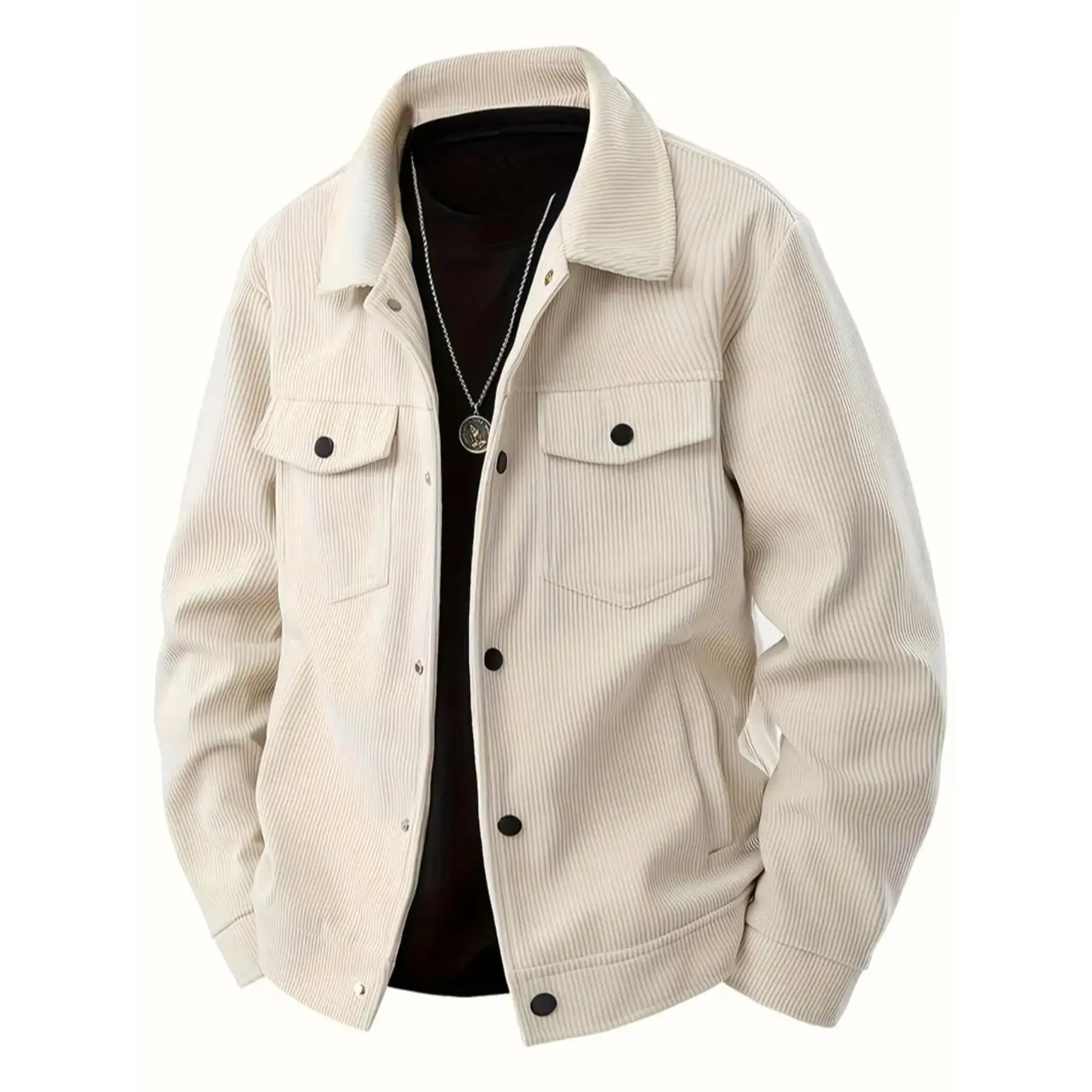 Textured vertical rib corduroy outerwear featuring a traditional trucker structure, matte metal snap buttons, stitched pocket detailing, thick soft woven textile, regular relaxed fit, and versatile foundational layering piece for street casual men's fashi