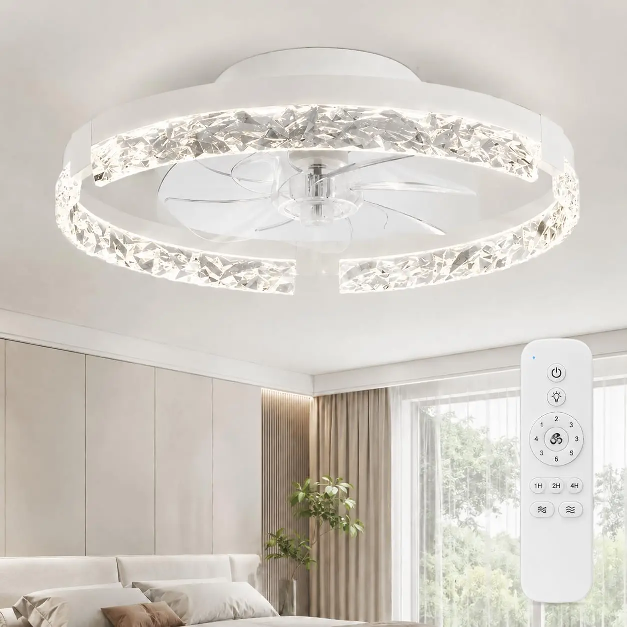 【GAOMON】Compact Crystal Acrylic Glass Flush Mount Ceiling Fan with Dimmable 3-Color Temp LED Light, Quiet DC Motor (<30dB), Memory Function, for Bedroom, Living Room, Indoor Users