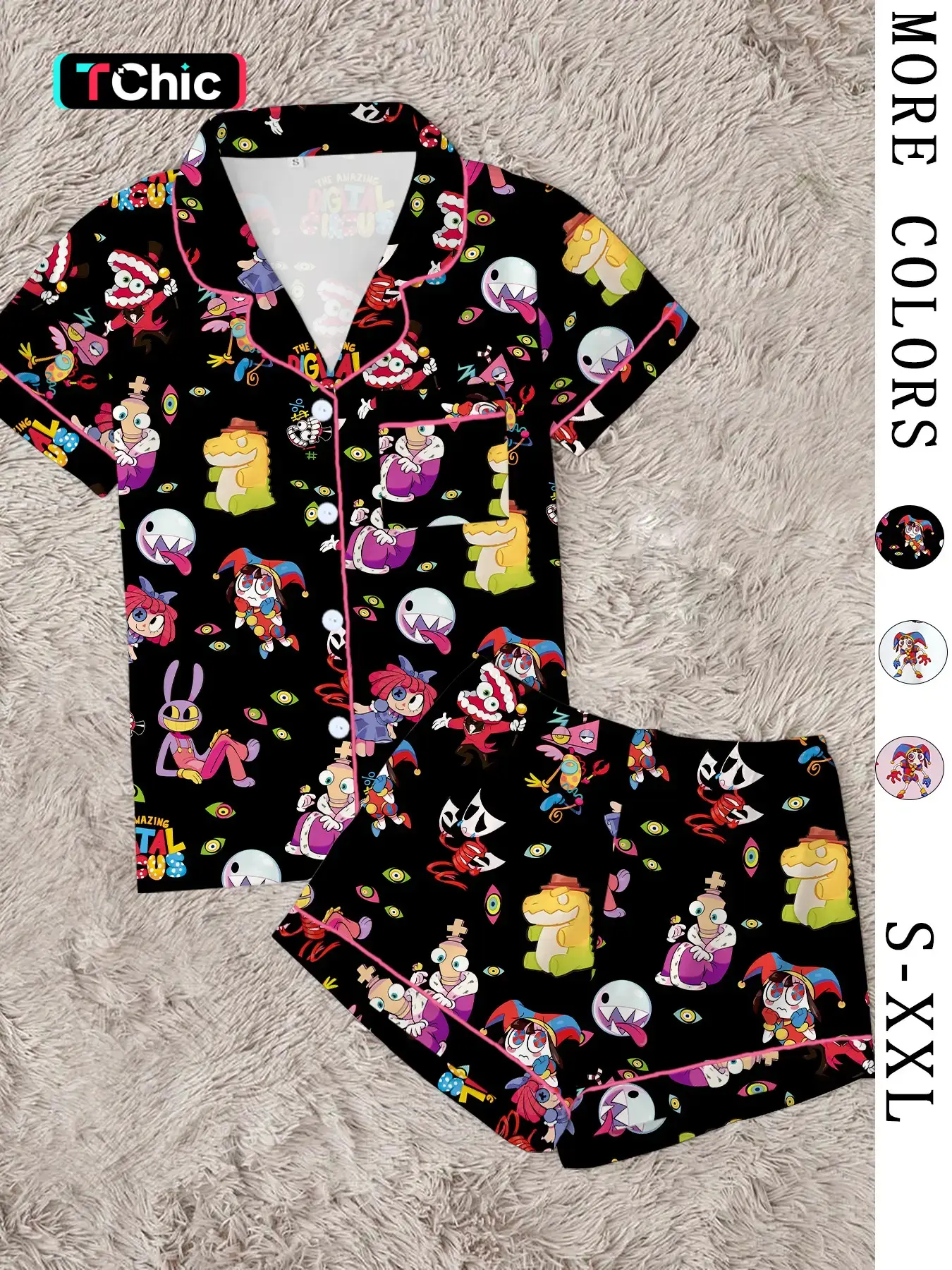Women's Cute Circus Character Pajamas Set, Funny Magic Monster Pattern Button Sleepwear, Soft 2-Piece Short Sleeve Summer Home Wear