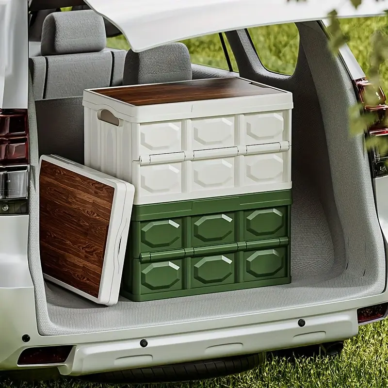 Foldable Storage Box with Wooden Lid, large capacity collapsible organizer for car trunk essentials and outdoor gear, space-saving storage solution for camping, picnics, home organization and family travel, Folding Storage Box