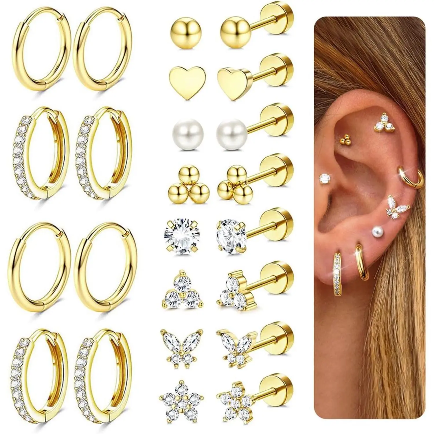 Jstyle Hypoallergenic Surgical Steel Flat Back Earrings for Women - Small Stainless Steel Earrings Set with Hoop Design for Multiple Piercing