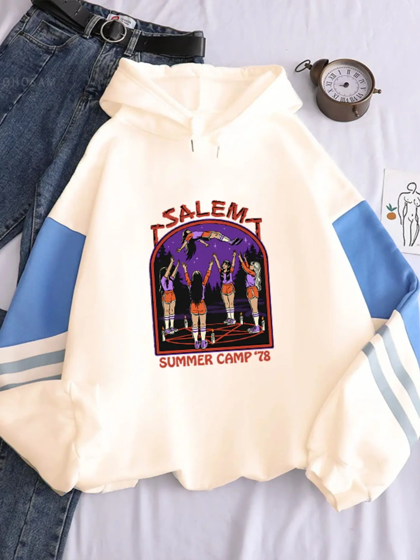 Salem Summer Camp Halloween Retro Cartoon Y2K Dark Sweet Cool Atmosphere Casual Fashion Patchwork Reflective Long Sleeve Hoodie