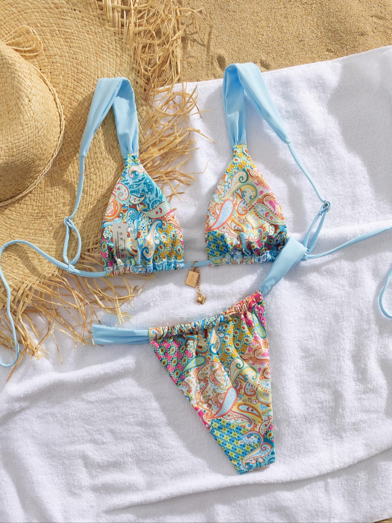 Women's Patchwork Print Bikini Set, Casual Adjustable Strap Tie Back Swim Top & Swim Bottom, Women's Swimsuit for Summer Beach Holiday Vacation, Patchwork Bikini Sets