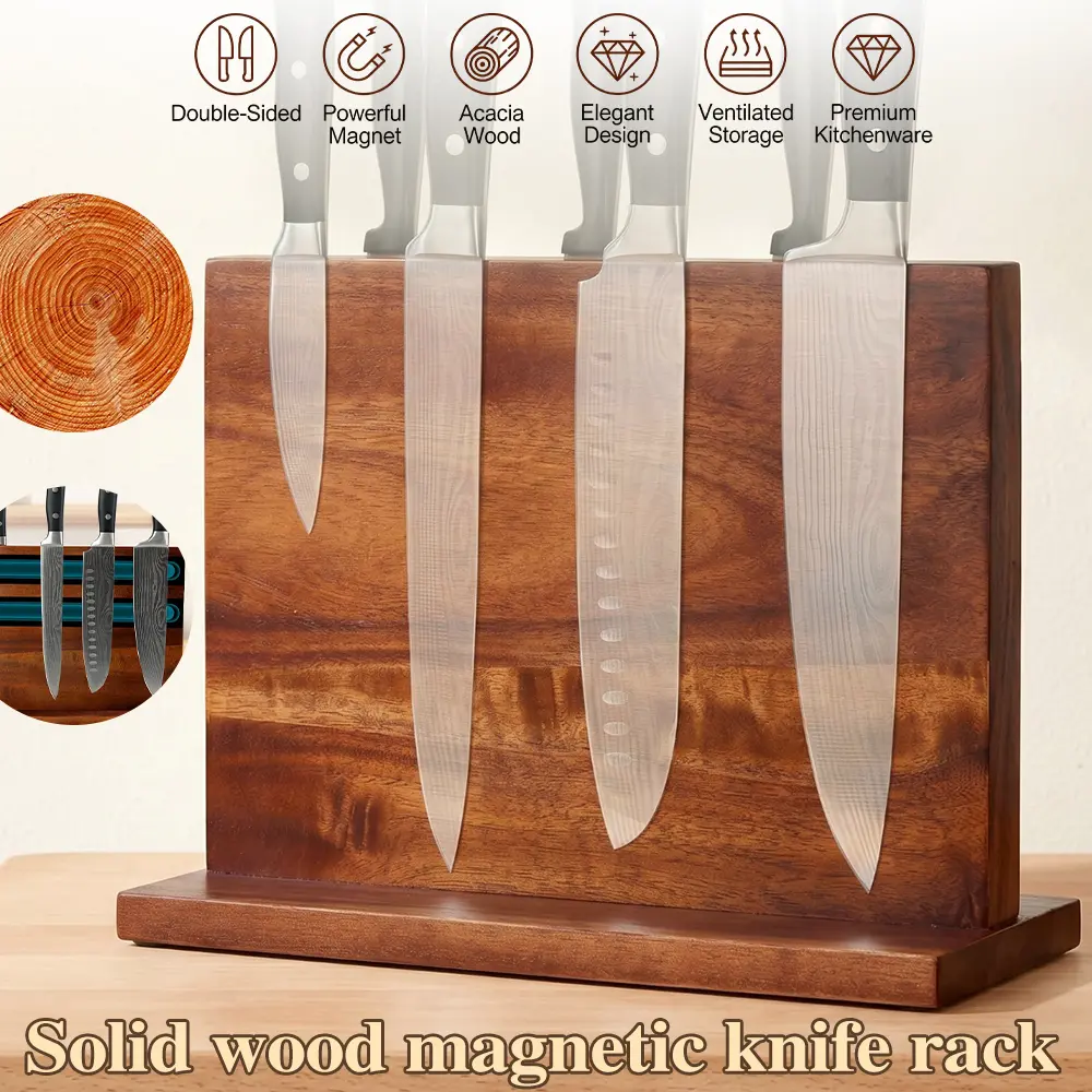 Home Kitchen Double-sided Wooden Magnetic Stands Holder Rack Magnetic Knife Block with Strong Enhanced Magnets Multifunctional Storage Knife Holder Organizer Tools No Drilling Storage Knife Holder for Kitchen Convenience