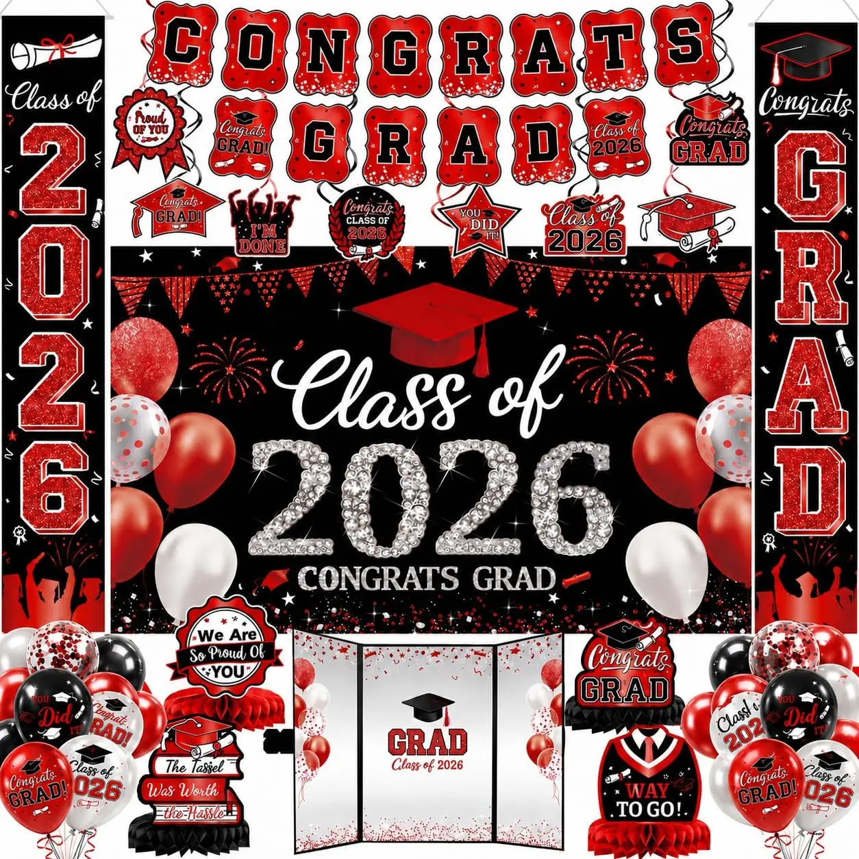 Class of 2026 Graduation Decorations Set - Red Banner, Backdrop, Porch Sign, Hanging Swirls, Balloons, Honeycomb Centerpieces, Guest Book for Grad Party, Gifts, Decorative Gifts, Class Of 2026 Set, Set Pack