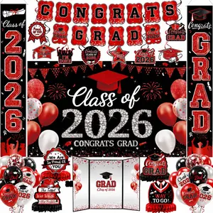 Graduation Decorations Class of 2026 Set - Red Banner & Backdrop, Porch Sign, Hanging Swirls, Balloons, Honeycomb Centerpieces, Guest Book for Grad Party