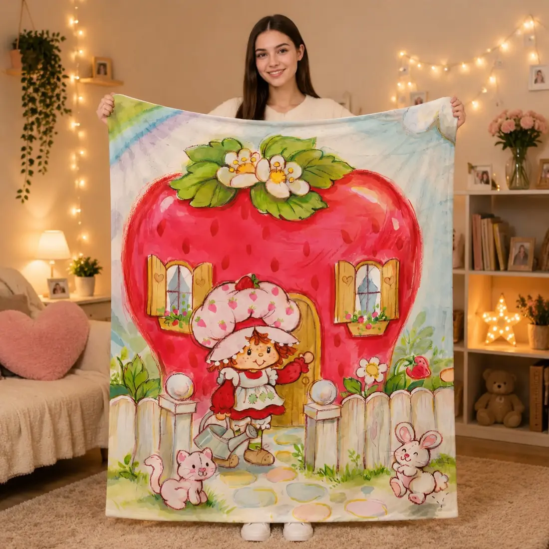Vintage Strawberry Shortcake Strawberry Playhouse Flannel Printed Blanket - Comfy, Soft Throw for Sofa, Dorm - Decorative Couch Cover, Perfect Birthday Holiday Gift for Kids Girls, Comfy Blankets, Soft Throws Blanket