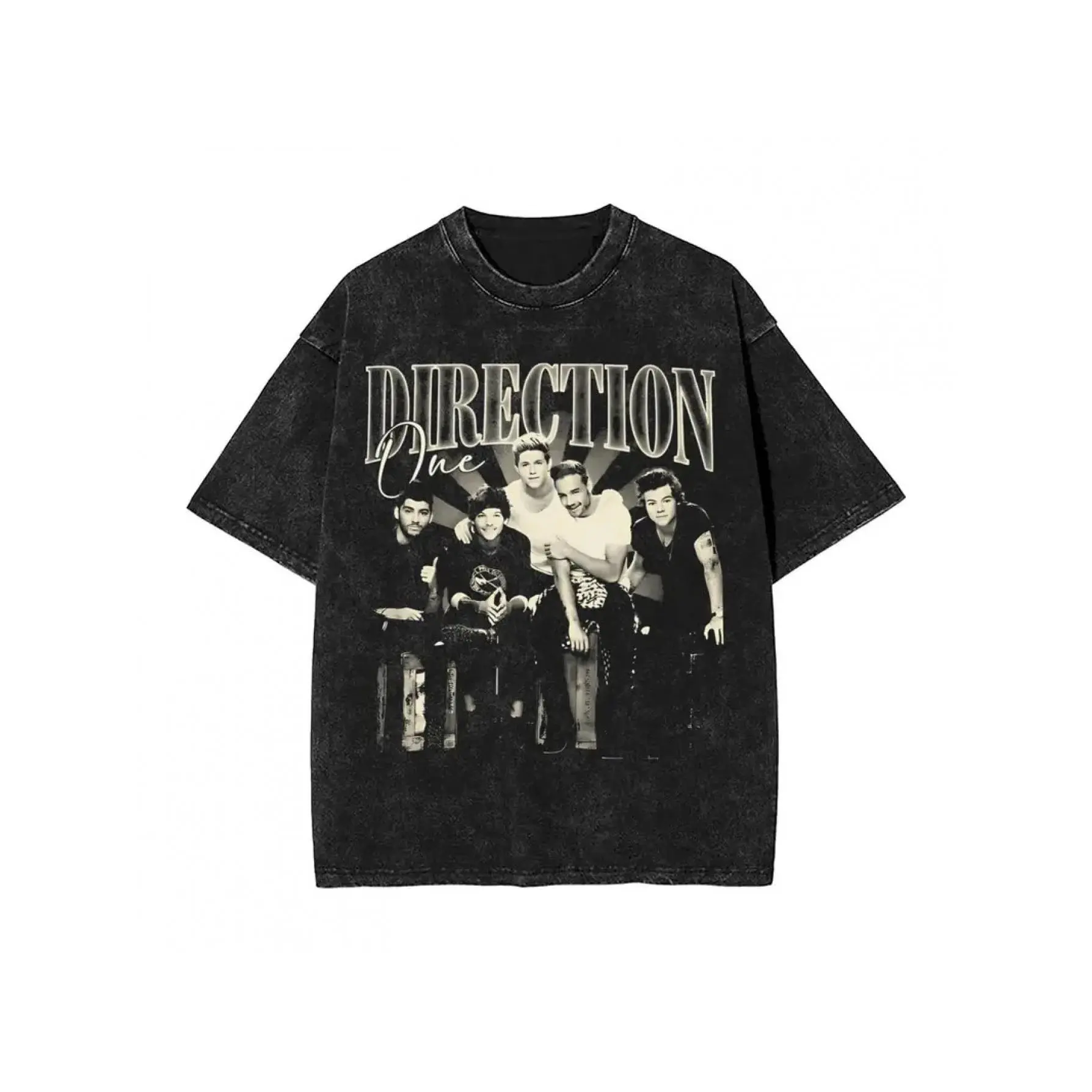 Vintage Distressed Washed T-Shirt Men One Direction Classic Band Group Sepia Photo Collage Big Chrome "DIRECTION" Cursive "One" Retro Pop Band Bootleg Graphic Oversized Crew Neck Tee For 2010s Pop Music Fans Daily Street Outfits