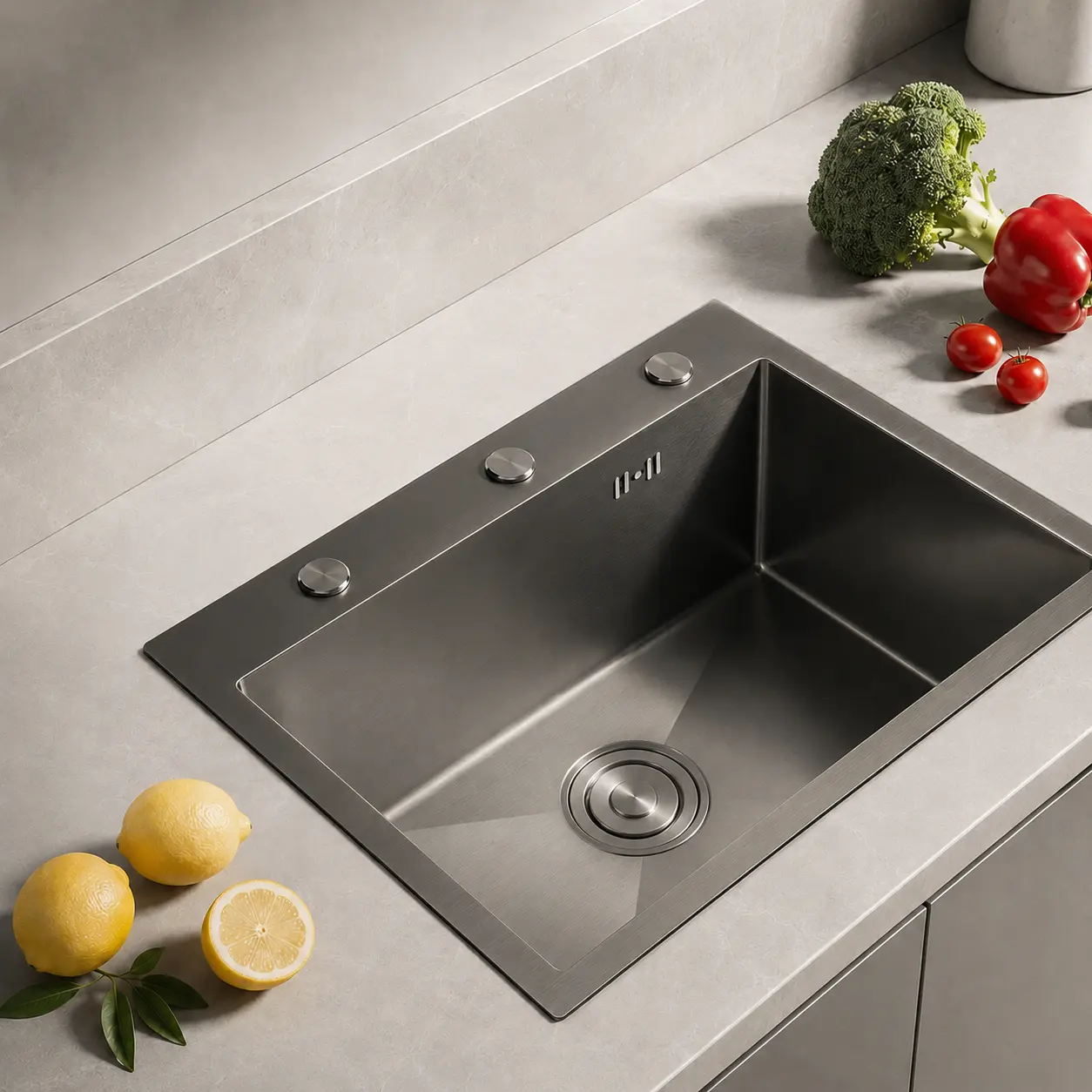 QORVANE Black Diamond Black Kitchen Sink, 3-in-1 Topmount & Undermount Installation, DIY 3-Hole Stainless Steel Single Bowl RV Sink for Home Bar with Drying Basket, Scratch Resistant