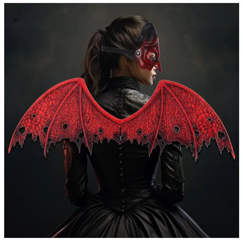 Scary Red Devil Wings and Matching Demon Mask Set, Comfortable Lightweight Nonwoven Costume Accessories for Halloween Cosplay