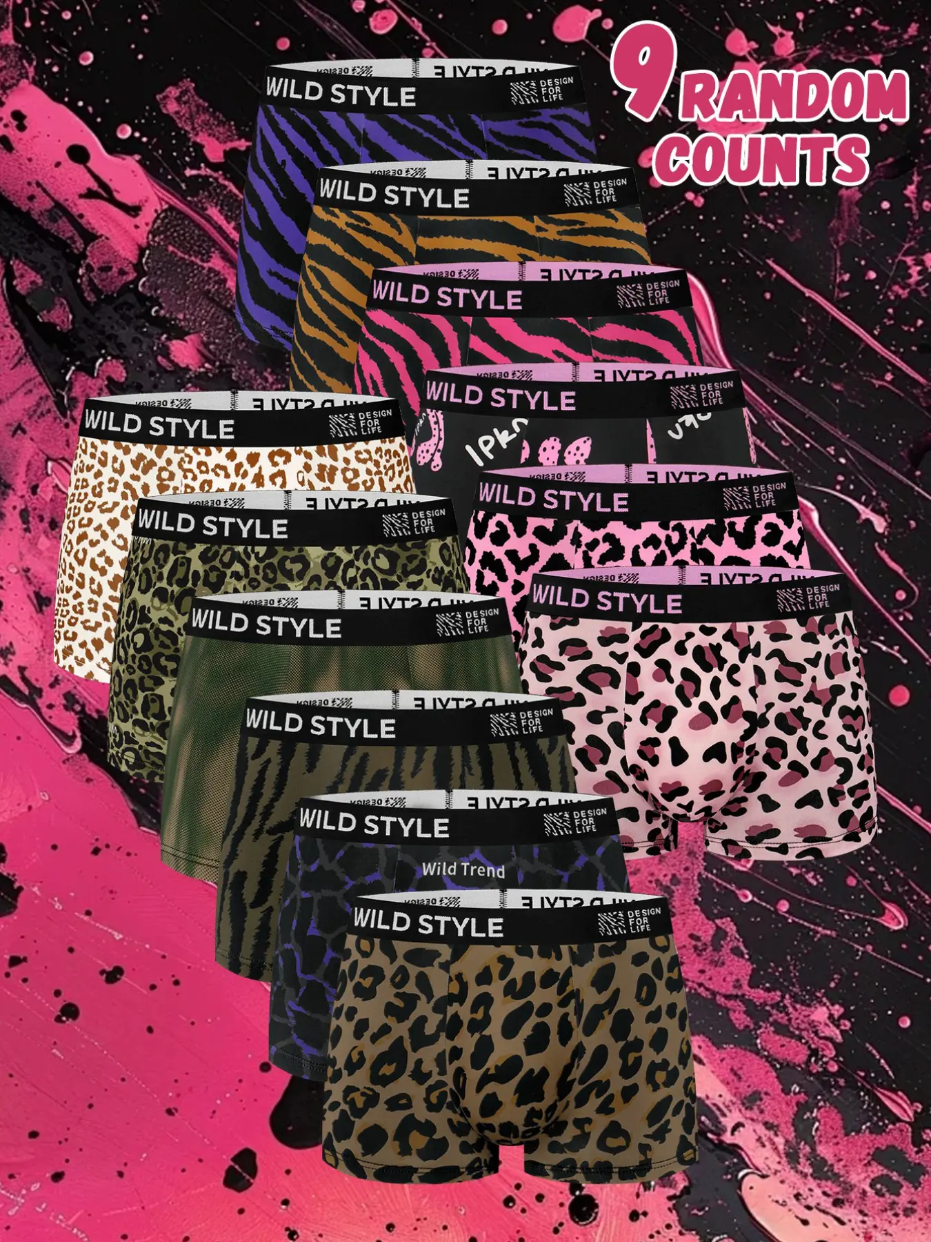 9 pcs random men's printing leopard print boxer briefs, fashionable design, soft and comfortable, Mix and match trendy styles, Suitable for daily home leisure, Breathable elastic fabric, Four season outfit matching-Men's flat cornered underwear.