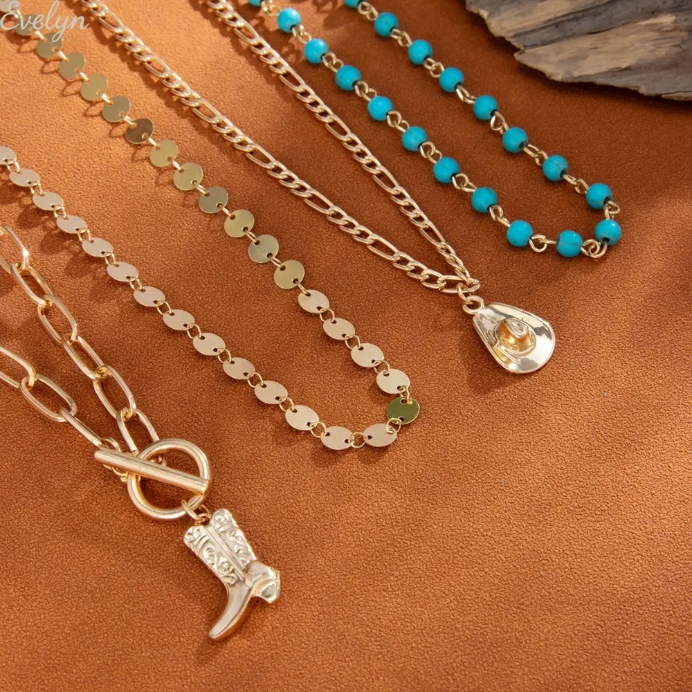 Women's Vintage Western Cowgirl Handmade Necklace Set - Hat & Boot Charms, Cowboy MDF+Steel Costume Jewelry, Party & Daily Wear Fashion Accessory