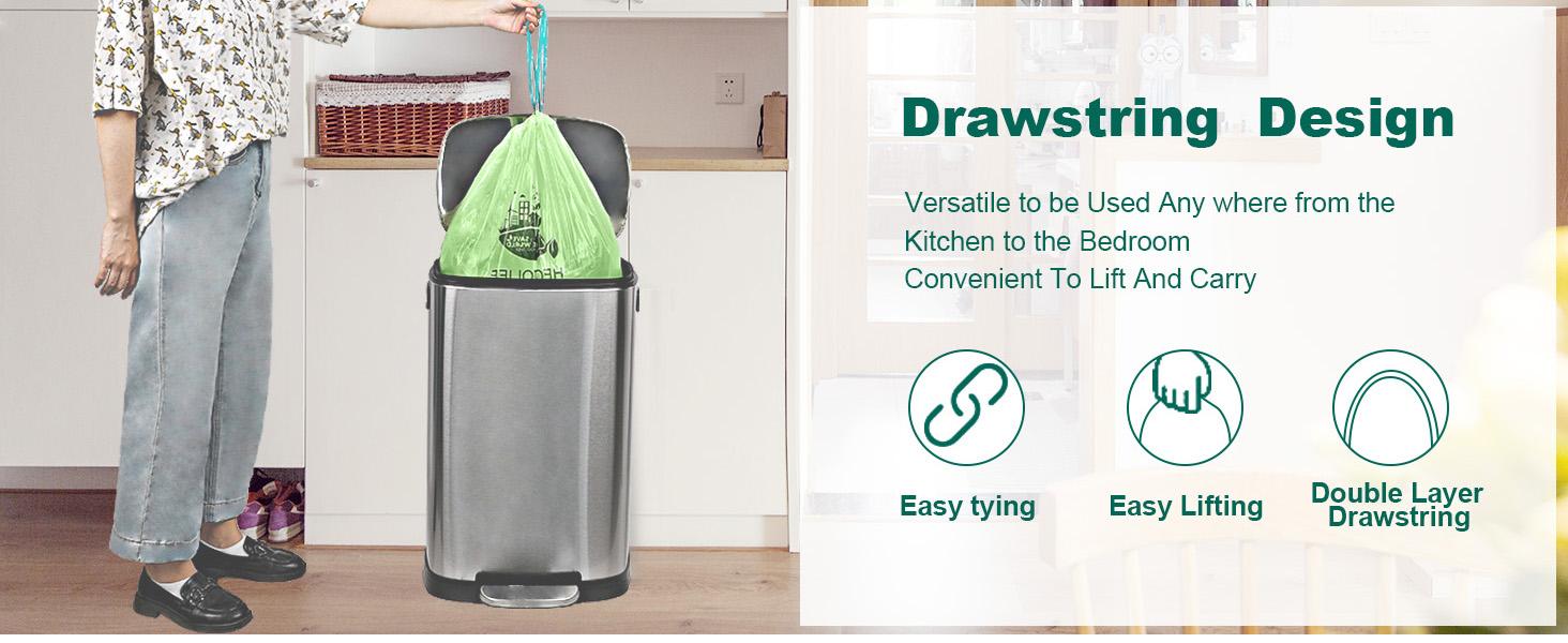 13 Gallon,100 Count, Compostable Trash Bags with Drawstring,Tear Resistant Kitchen Food Scrap Waste Bag, ASTM D6400, US BPI and Europe OK Compost Home Certified