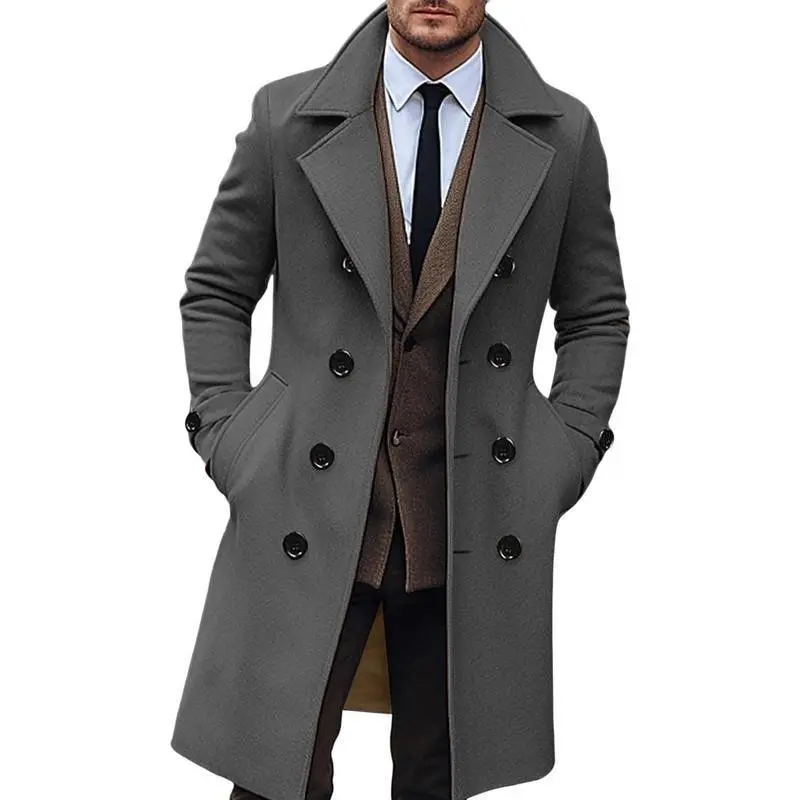 Elegant Men's Gray Tweed Pea Coat Warm Double-Breasted Long Sleeve with Side Pockets & Brown Trim Casual Solid Color Winter Streetwear Button Up Cotton Polyester Mens Jacket