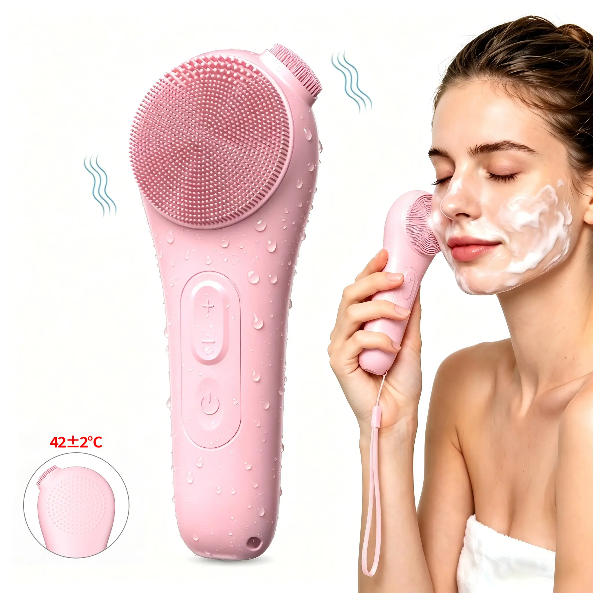Silicone facial cleansing brush, waterproof electric facial cleanser with hanging strap, 5 vibration modes for massage and constant-temperature heating function, with a nose-tip design, for women’s facial cleansing, a great gift for birthdays or holidays