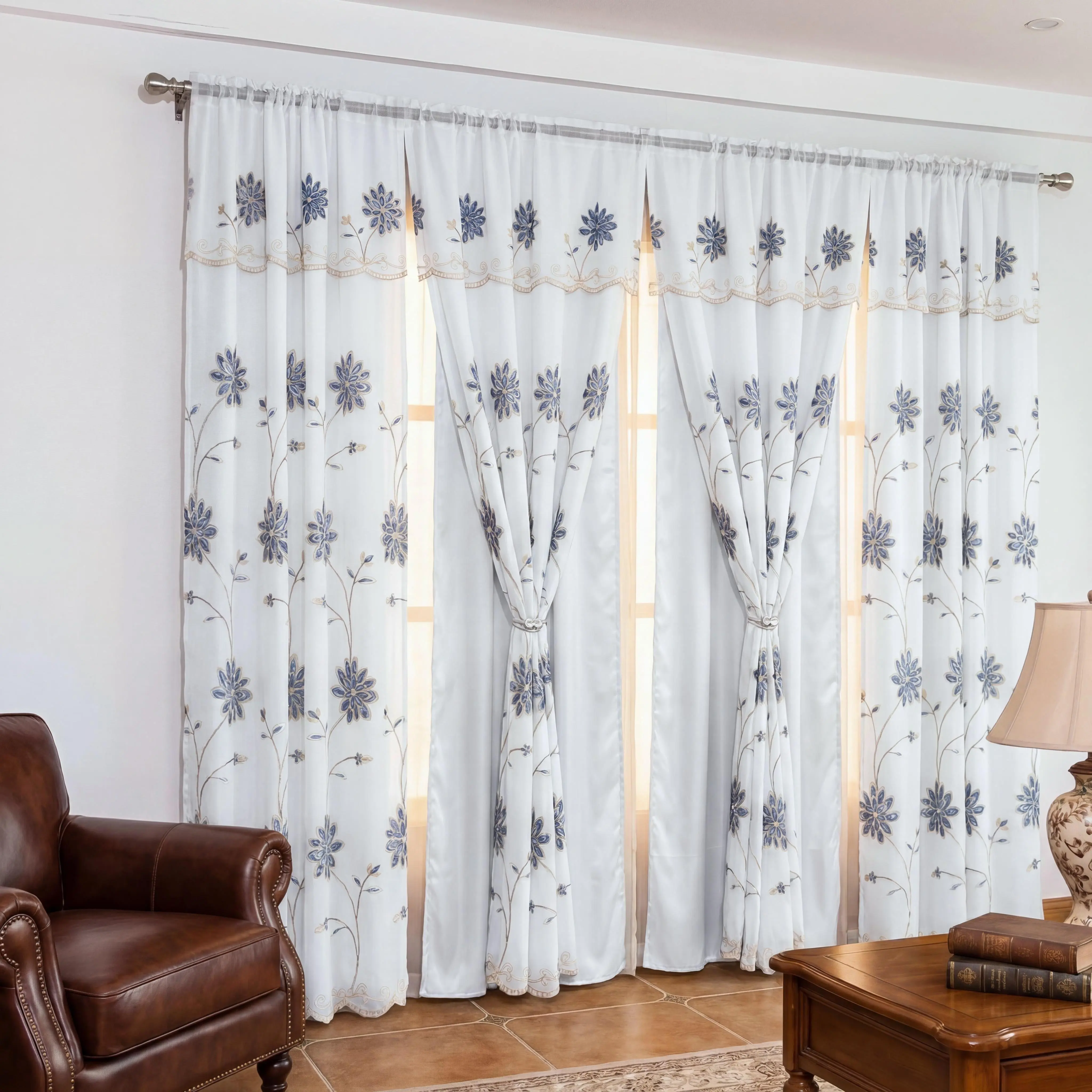 4-Panel Decorative Floral Vine Embroidery Drapes, 52x84in Double Layer with Waterfall Valance & Rod Pocket, Low Iron, Fade Resistant, Anti-Shrink, Breathable Summer Home Textile for Living Rooms, Bedrooms, Machine Washable, Hang Dry, QF36