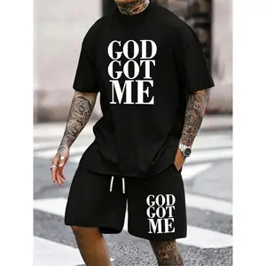 Men's God Got Me Graphic Two-Piece Set, Casual Short Sleeve Top & Drawstring Shorts, Street Style Summer, Comfortable Daily Wear