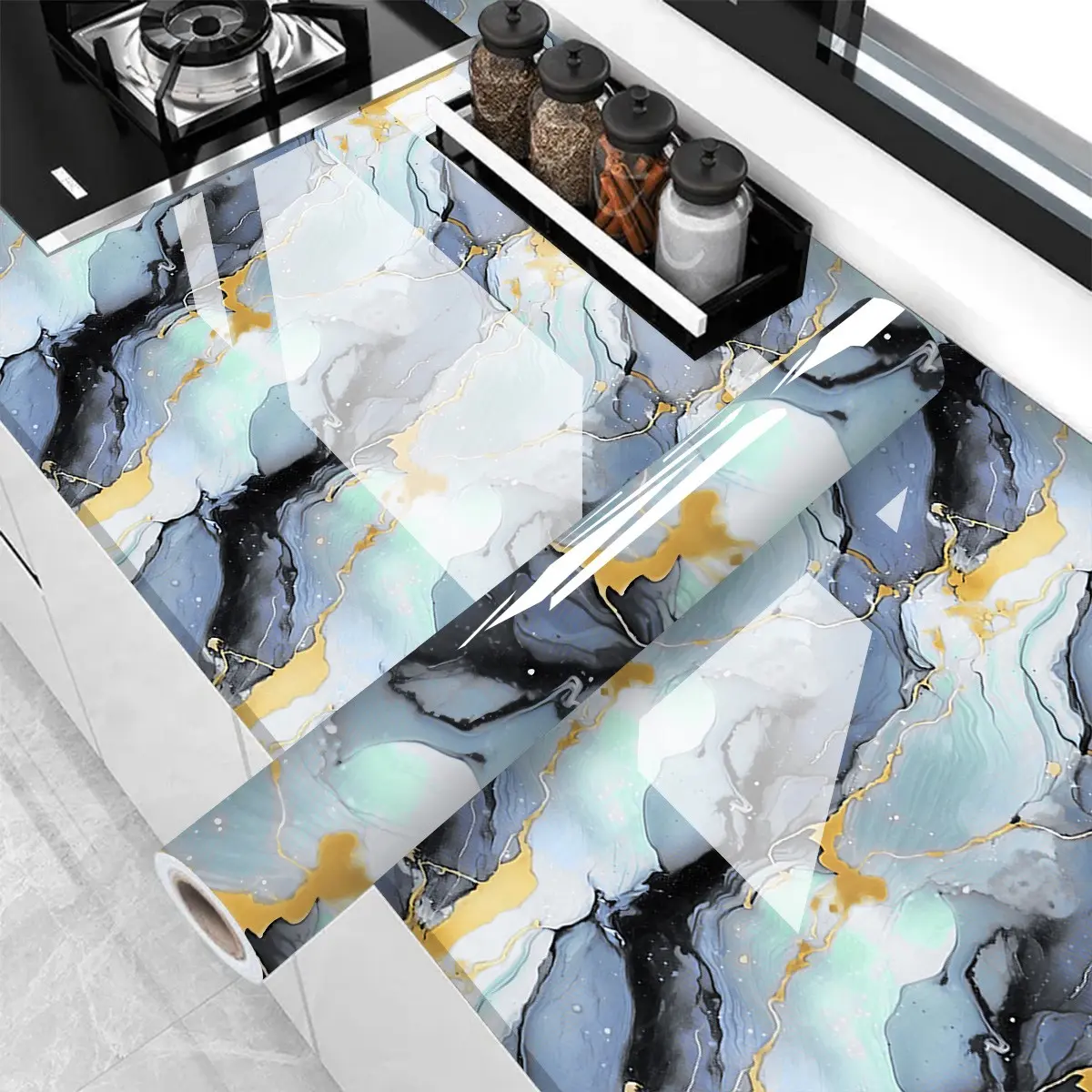Blue Gold Marble Self-Adhesive Wallpaper, Interior Walls, Kitchen Oil-Resistant, Gradient Watercolor Texture, PVC Aluminum Waterproof, Heat Resistant