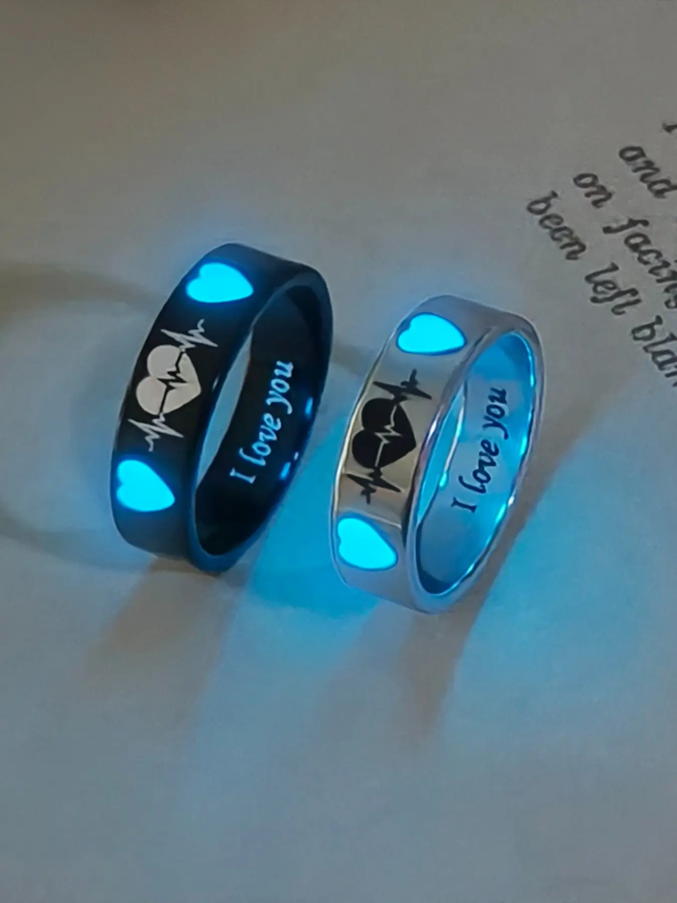 2 Pcs Night Glow Heartbeat Couple Rings, Love Pattern, Cute Style, Valentine's Day Gift, Romantic Jewelry Set, Heart Promise Rings, Beautiful Rings, Fashion Promise Ring