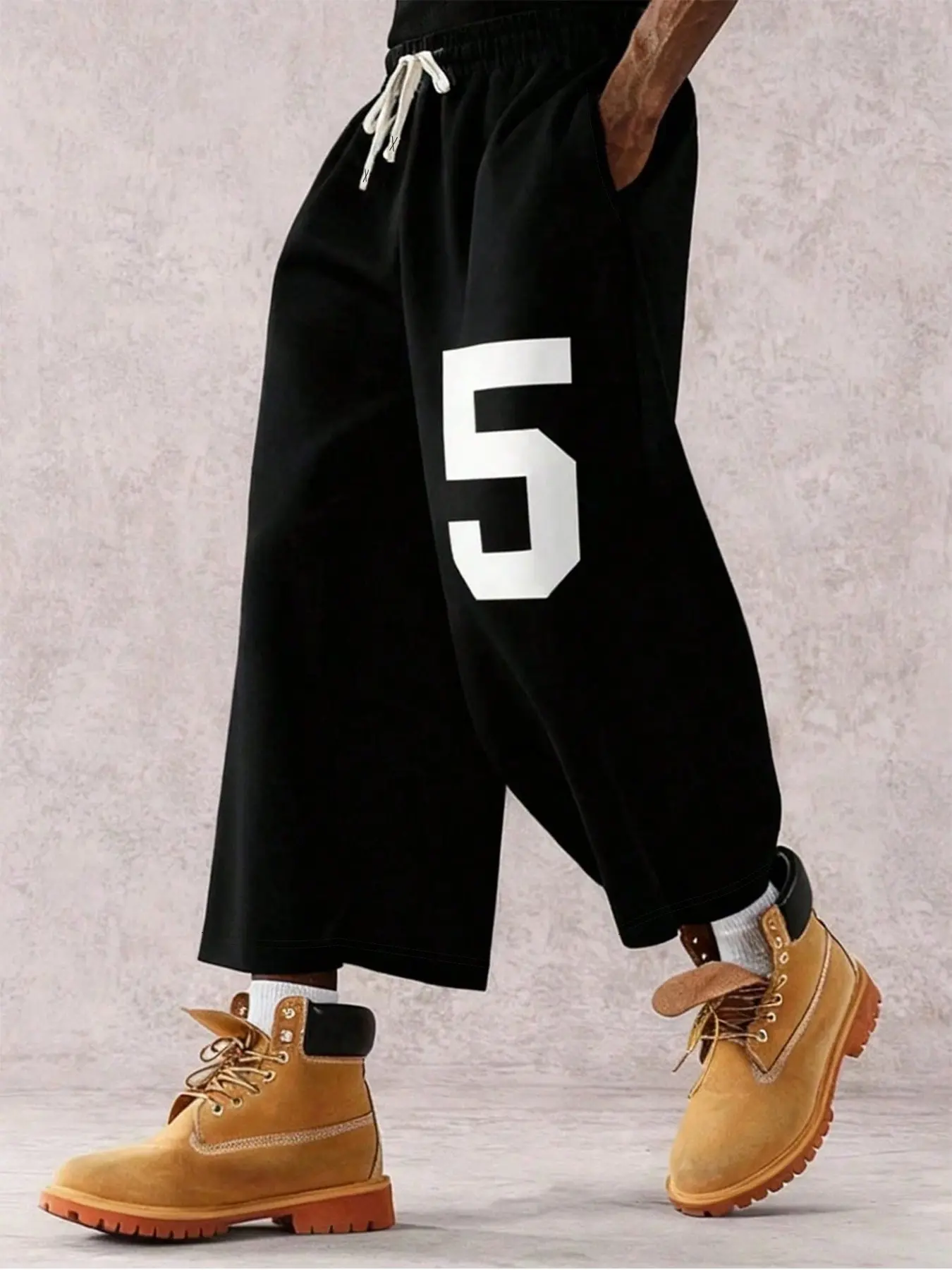 Men's Casual Loose Wide-Leg Cropped Pants, Number Printed Sweatpants With Elastic Drawstring Waist, Suitable For Daily Wear, Casual Gatherings And Street Outings