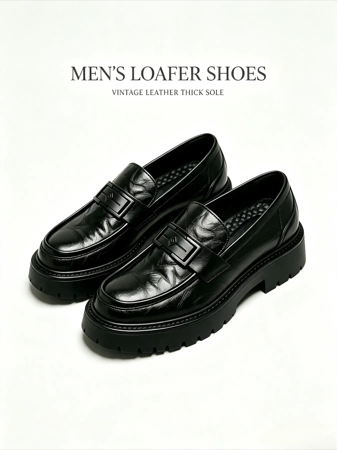 Men's Vintage Style Loafer Shoes with Metal Square Buckle, Thick Sole Non-Slip Platform, Breathable Shock Absorbing Insoles, Business Casual Loafers for Work and Formal Events