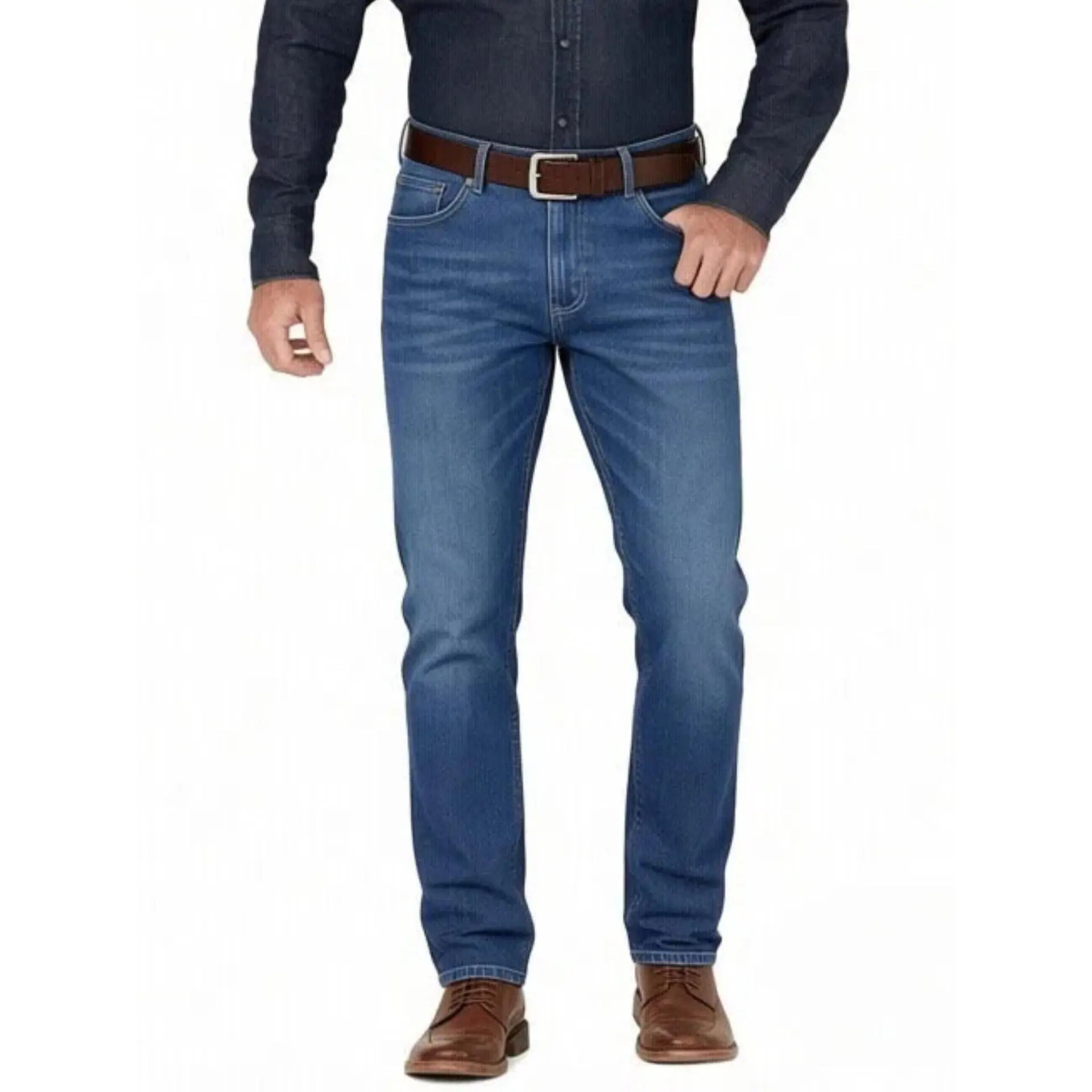 Men's Cotton Blend Medium Wash Straight Leg Jeans, Regular Fit Classic Five-Pocket Denim Pants, Business Casual Daily Work Outdoor Denim Trousers