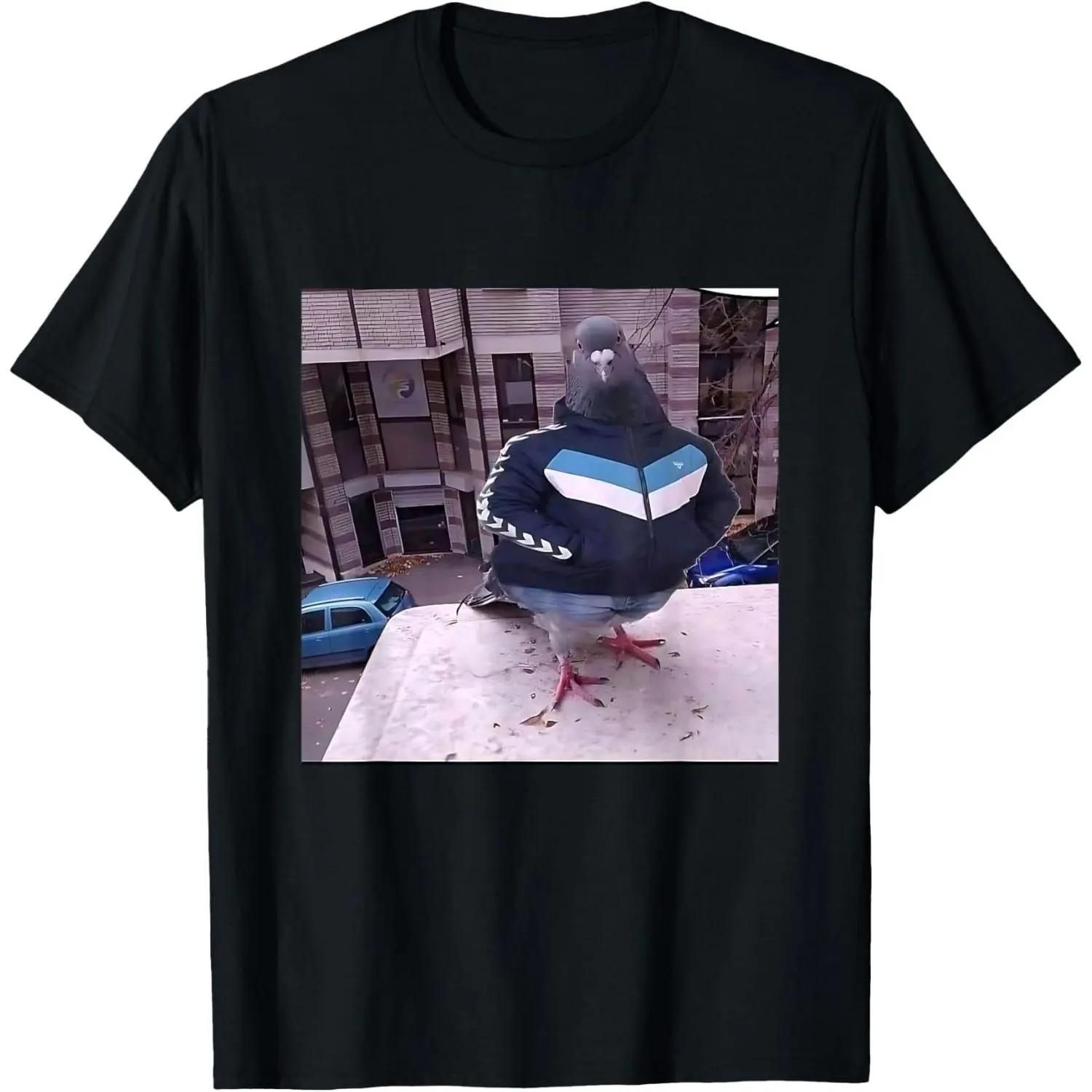 Women's Short-Sleeve Cotton Basics T-Shirt - Unisex Fit, Breathable Fabric, Round Neck, Funny Brainrot Gen Z Meme Pigeon with Jacket Print, Loose-Fitting Casual Top