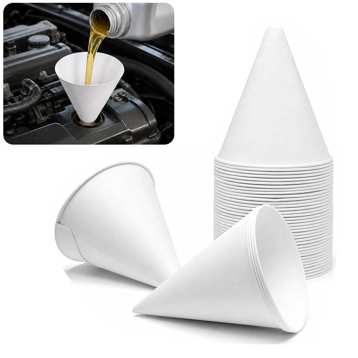 25 count Disposable Paper Funnels,  Oil  Fluid Funnel for  SUV Sedan , No Spill Cone Funnel for Automotive Oil & Gas Changing